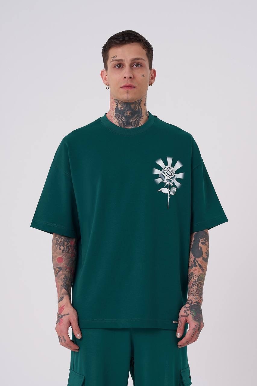 Rose Prınted Oversize T-Shirt - Petrol Yeşili