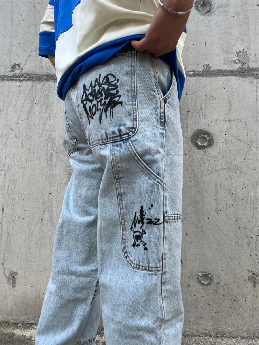 Graffiti Dikiş Detay Siyah Baggy Jean - Buz Mavisi