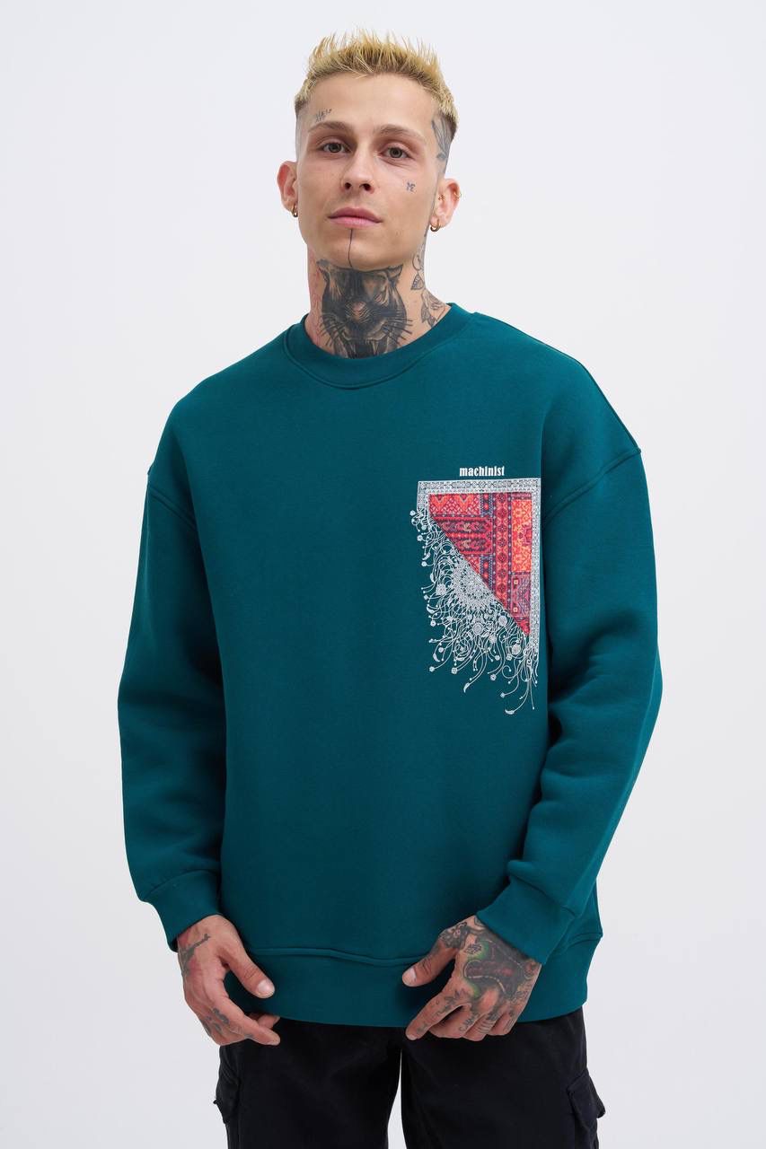 Oversize Şardonlu Ethnic Desenli Sweatshirt - Oil Green