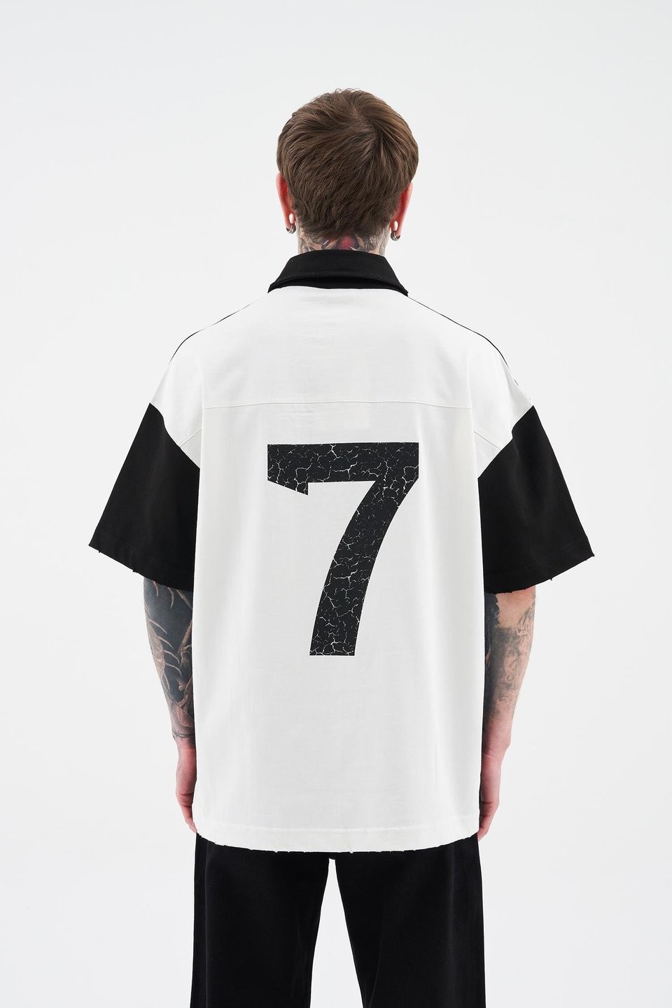 Printed and Yıkamalı Polo Oversize Siyah Tişört