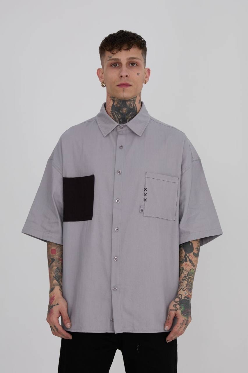 Contrast Pocket Oversize Gömlek - Gri