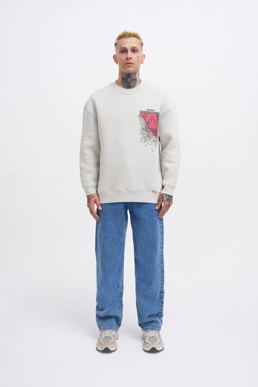 Oversize Kilim Desenli Şardonlu Sweatshirt - Space Grey