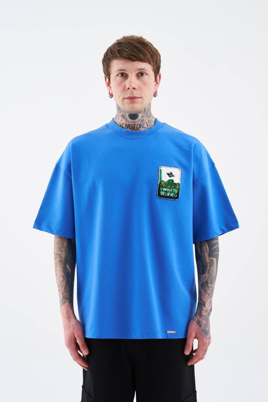 Alien Embroidery Oversize Minimal T-Shirt - Mavi