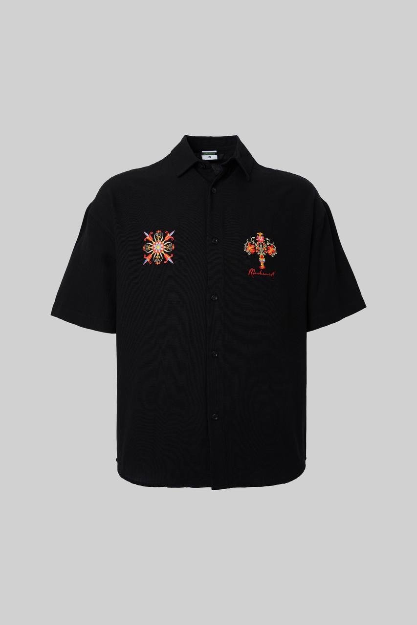 Floral Embroidered Viscon Siyah Gömlek