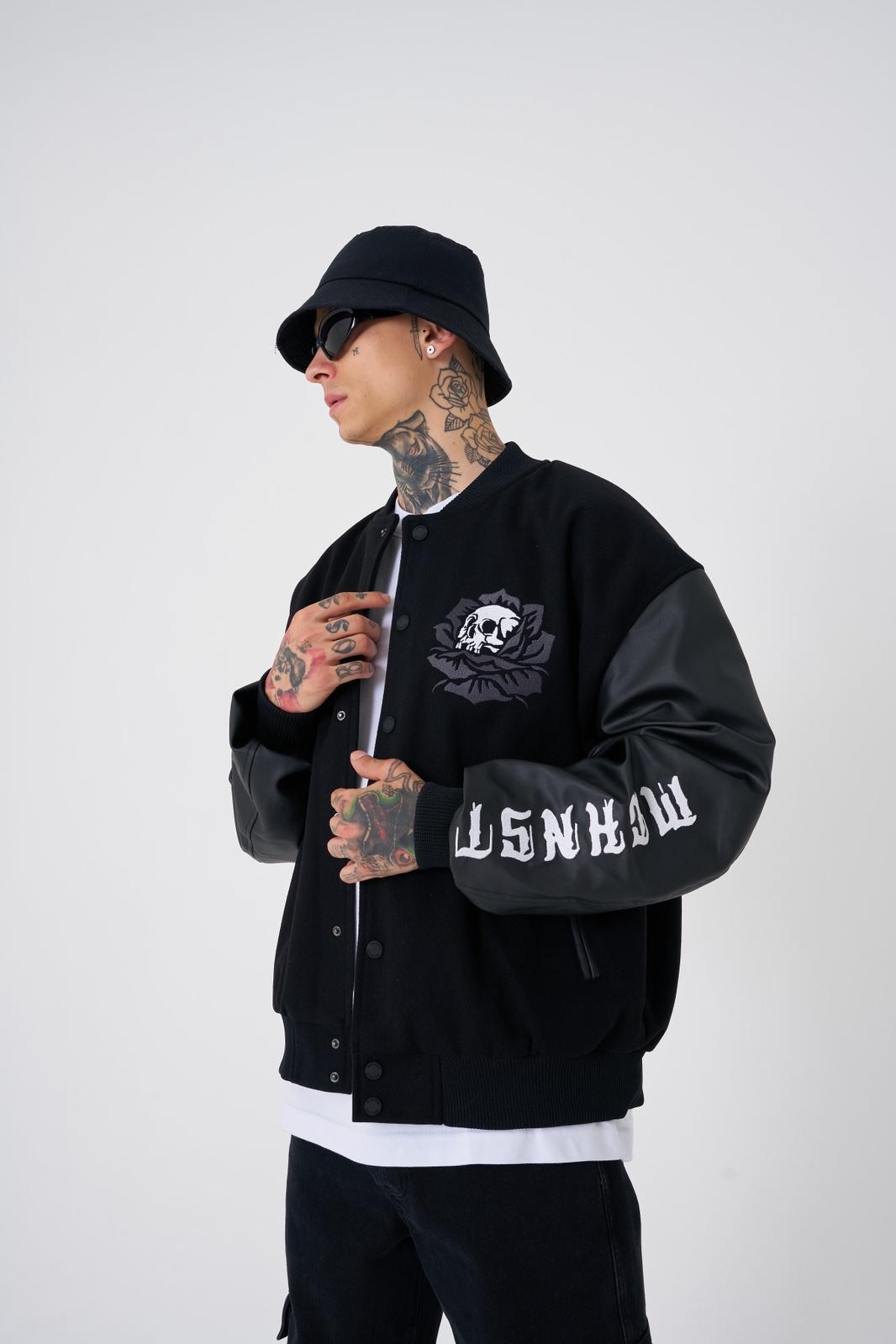 OVERSIZE THE REAPER EMBROIDERY BOMBER JACKET - Siyah