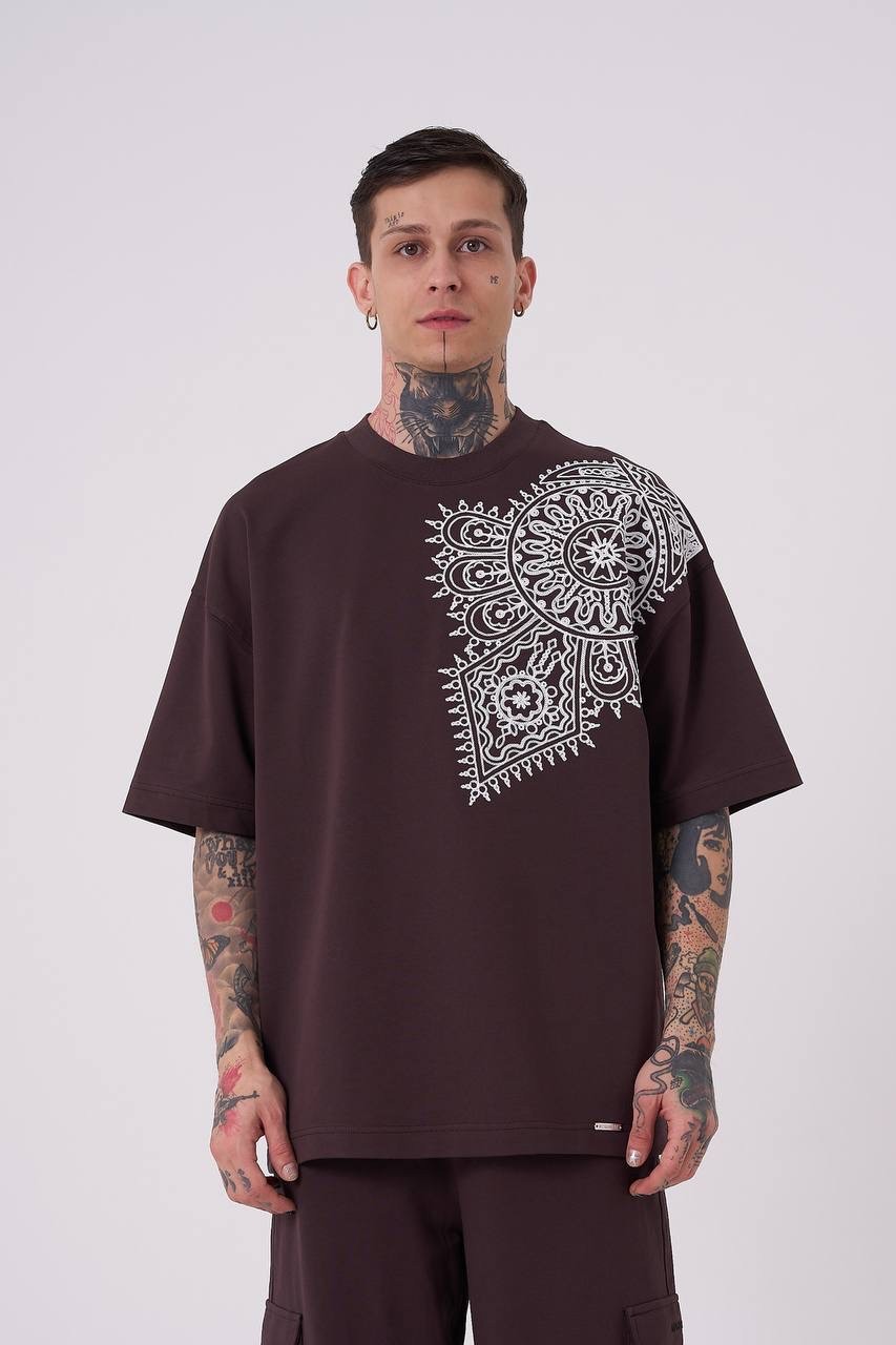 Ethnic Nakışlı Oversize T-Shirt - Kahverengi