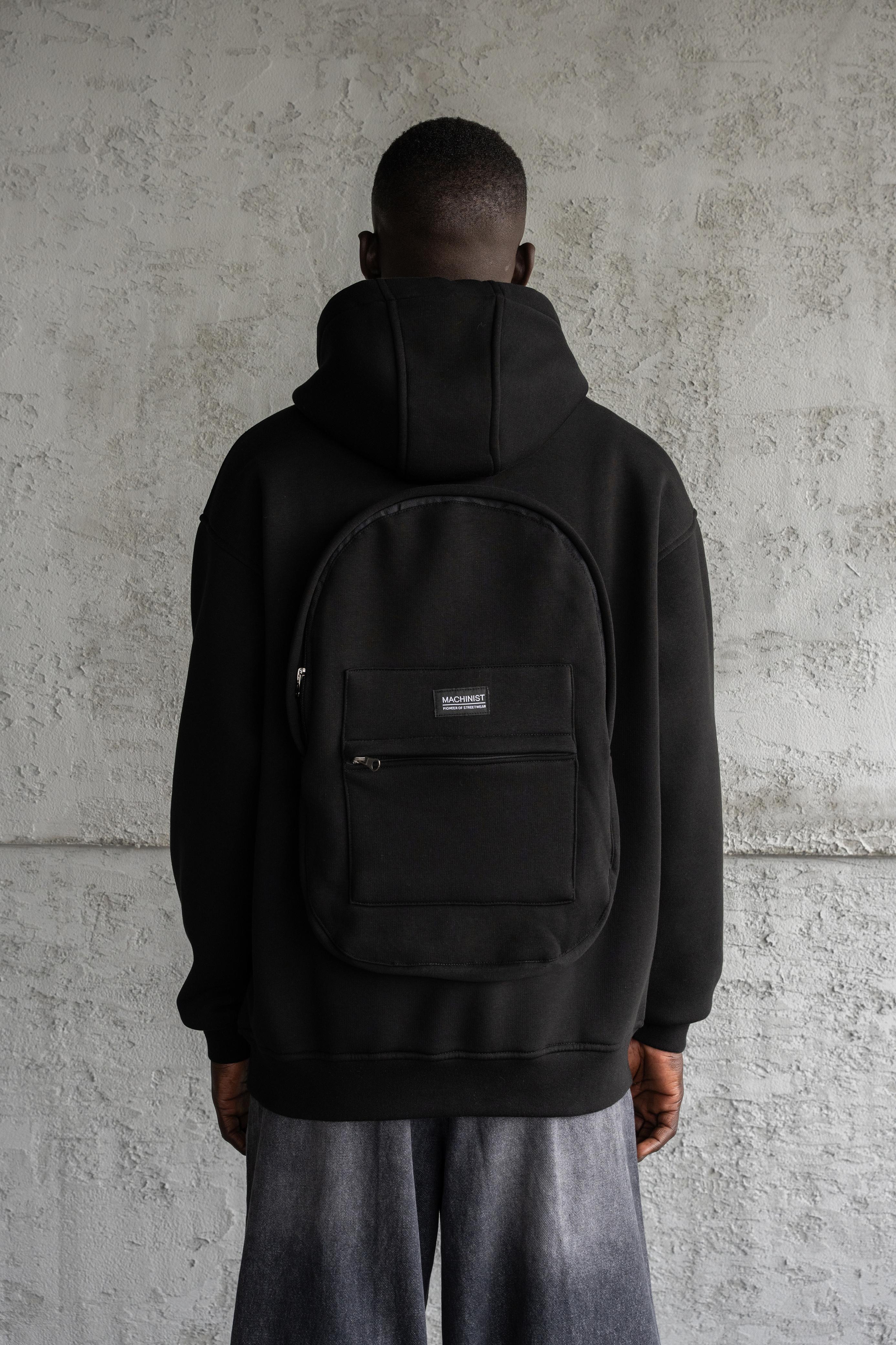 Oversize Basic Zİp Hoodie Sırt Çantalı Şardonlu - Black