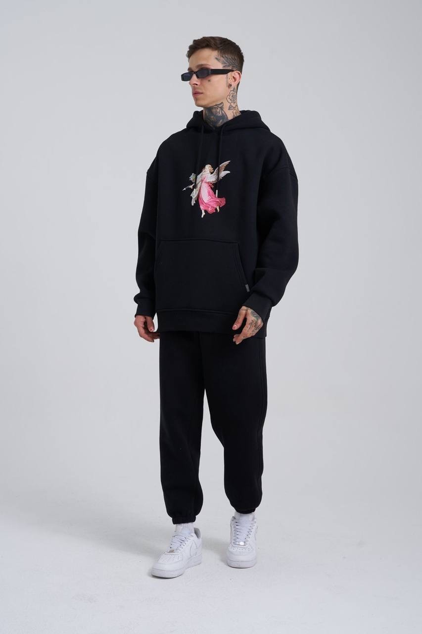 Hero Angel Şardonlu Hoodie - Siyah