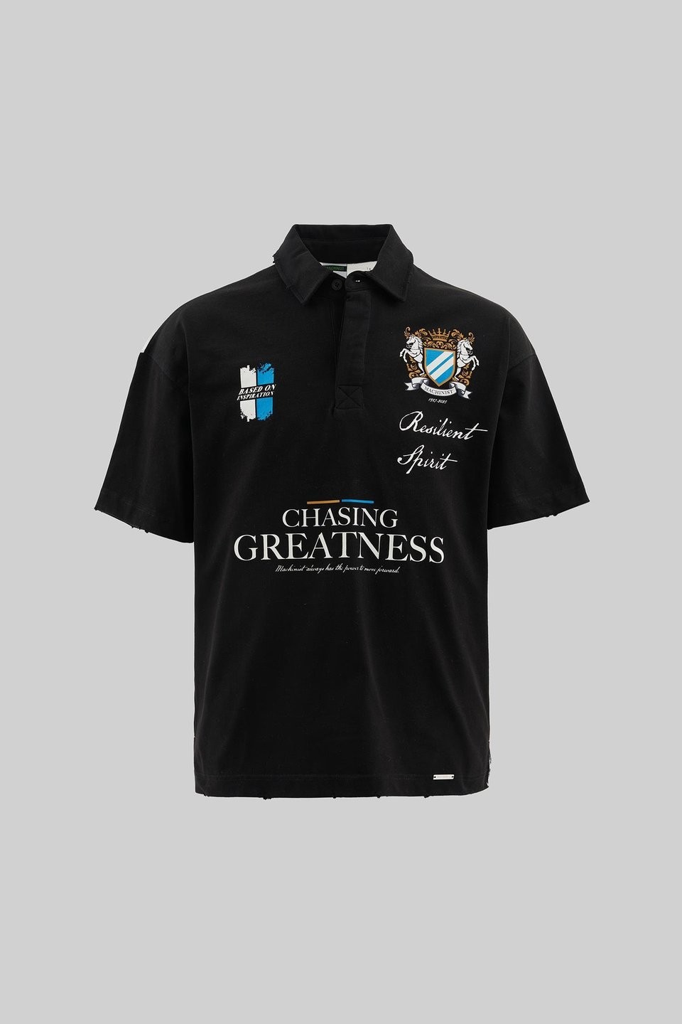 Printed and Yıkamalı Polo Oversize Siyah Tişört