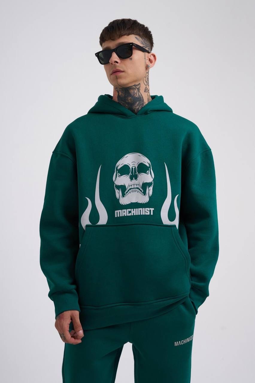 Flame Printed Şardonlu Hoodie - Petrol Yeşili