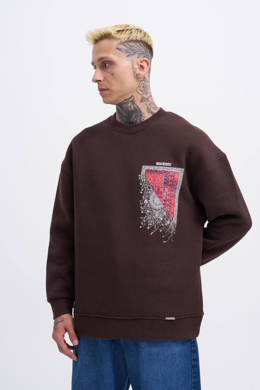 Oversize Şardonlu Ethnic Desenli Sweatshirt - Dark Coffie