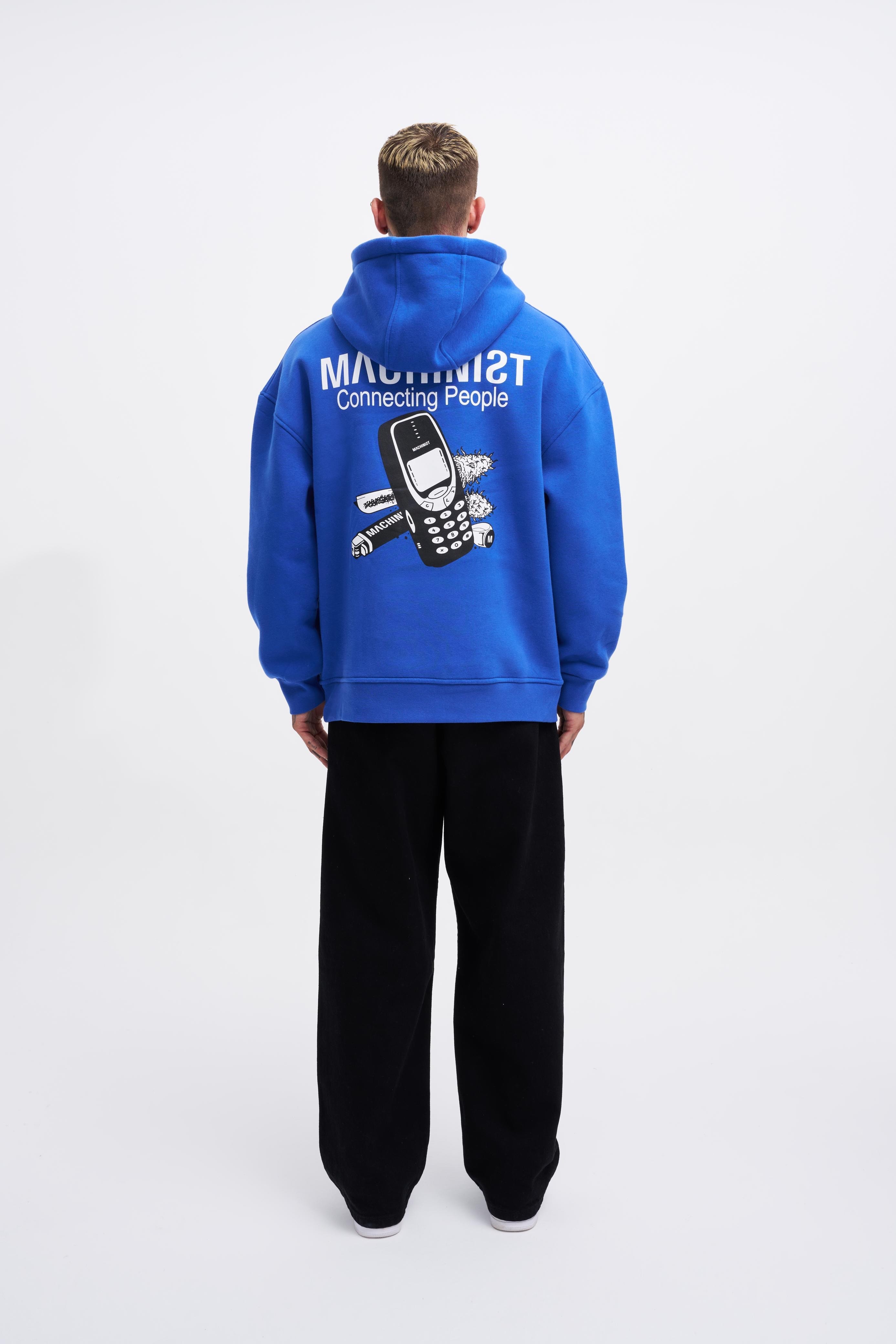 Connecting People Oversize Şardonlu Hoodie - Saks Mavi