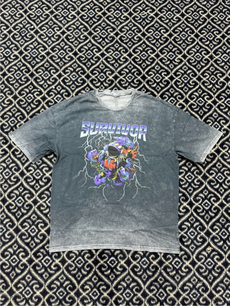 Survivor Acid Wash Oversize T-Shirt - Siyah
