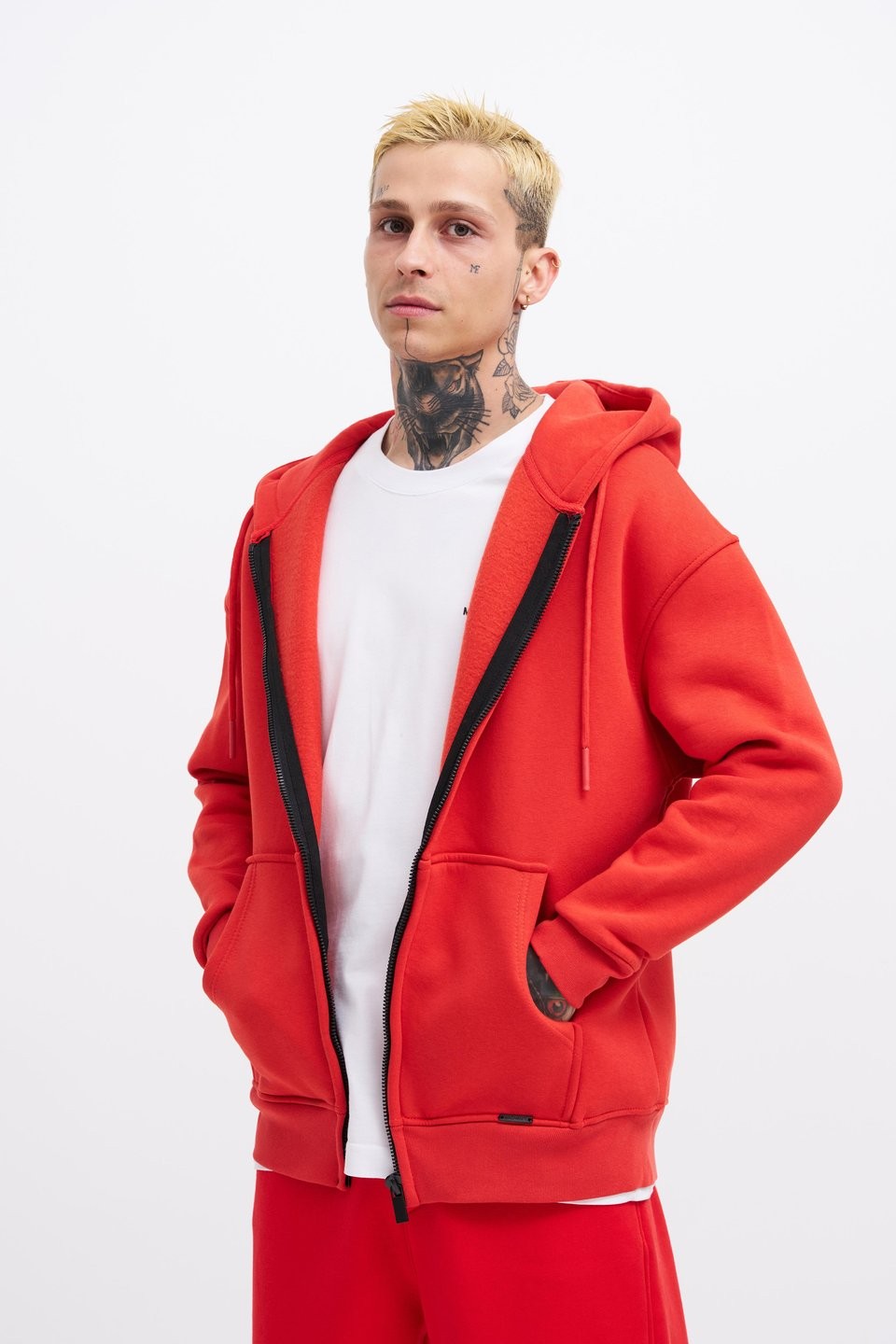 Oversize Şardonlu Zip Hoodie - Kırmızı