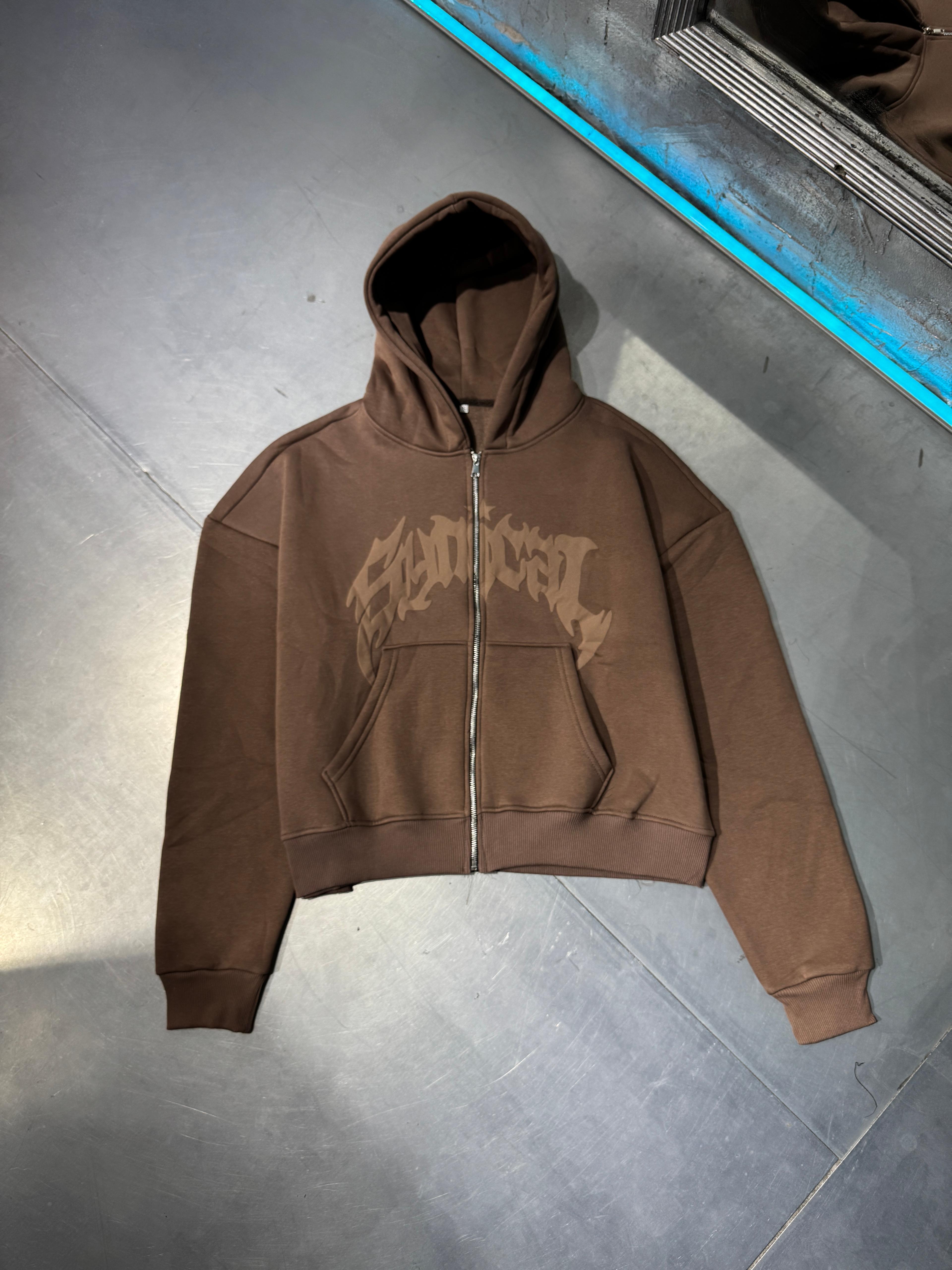 Kabartma Baskılı Fermuarlı Zip Hoodie  - Kahverengi