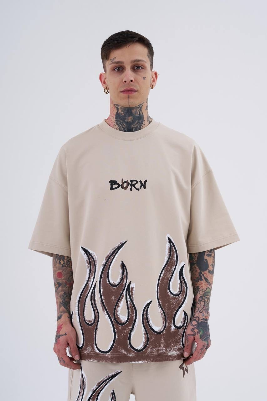 Fire Effect Oversize T-Shirt - Bej