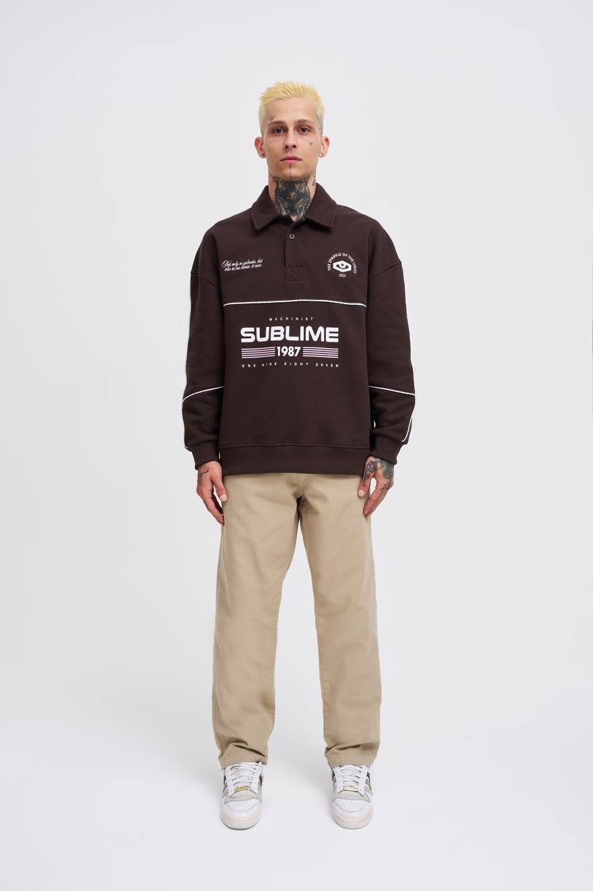 Sublime 1987 Baskılı Oversize Polo Sweatshirt - Kahverengi