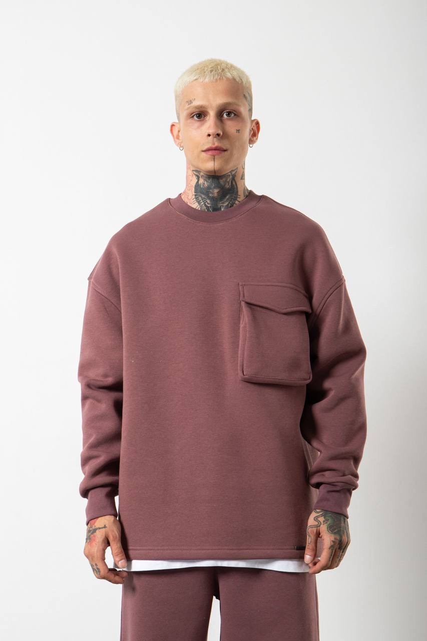 Oversize Cep Detaylı Şardonlu Sweatshirt - Mürdüm