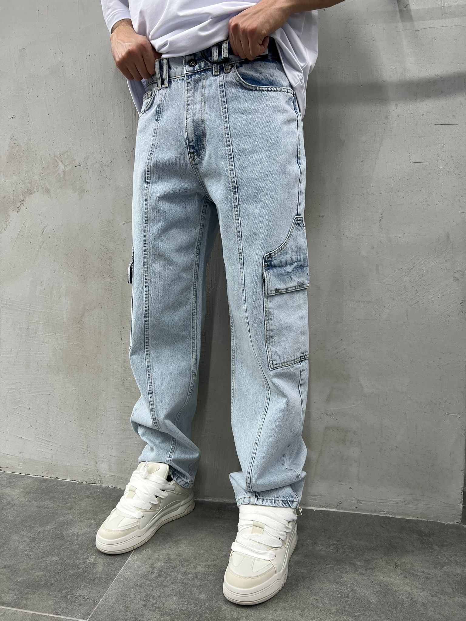 Kargo Pantolon Şerit Detaylı Geniş Cepli Baggy Pantolon - Buz Mavisi