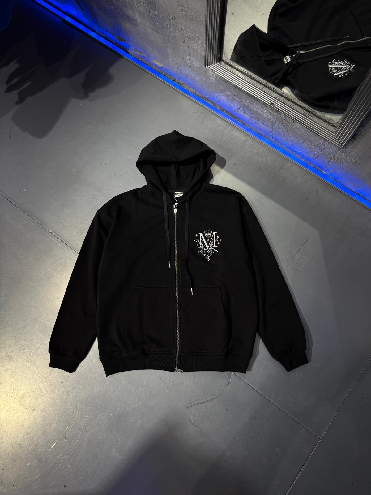 Minimal Nakış Baskılı Zip Hoodie  - Siyah