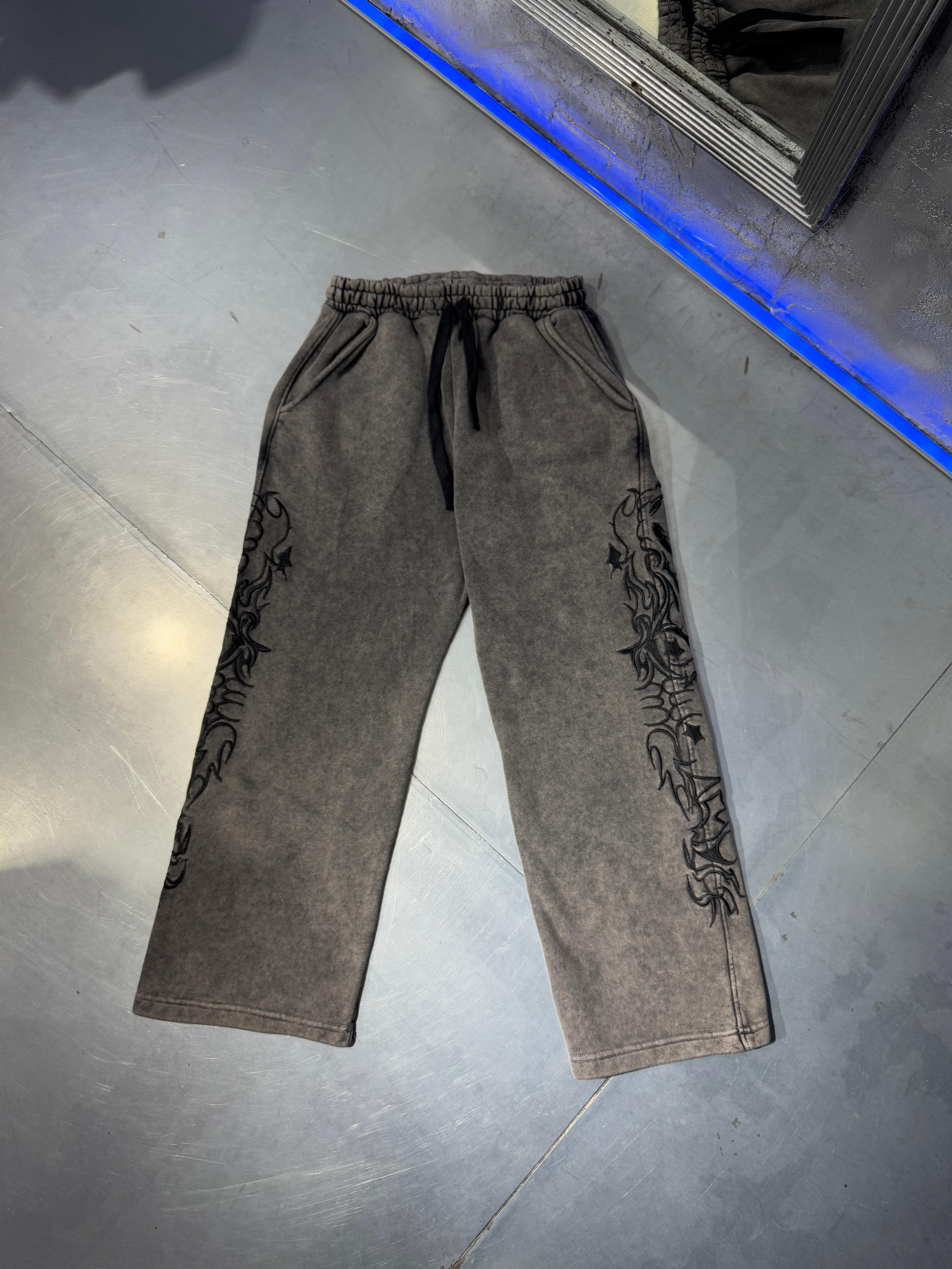 Tribal Nakışlı Acid Wash Baggy Eşofman - Ekru Acid Wash