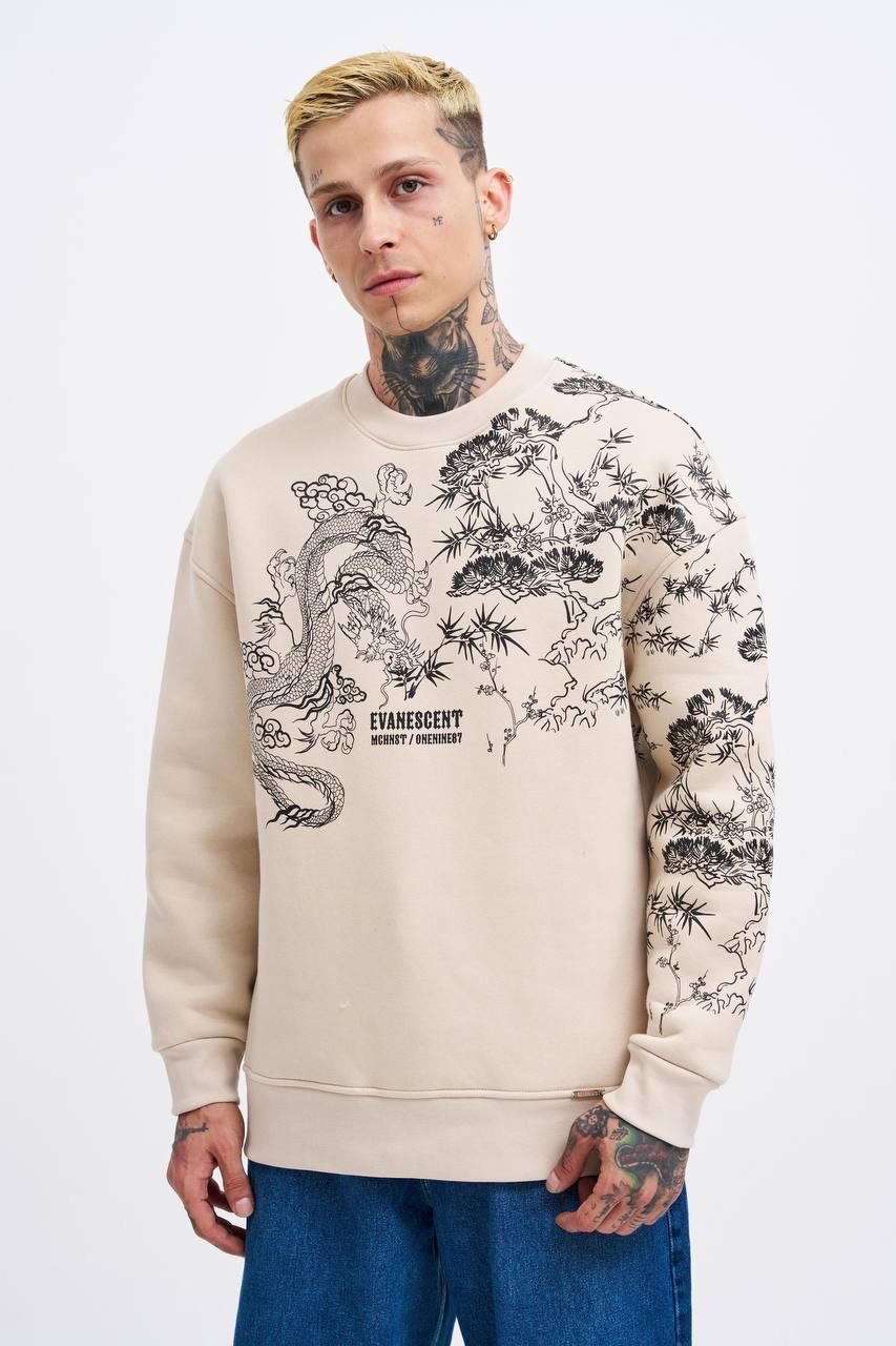 Dragon Printed Oversize Şardonlu Sweatshirt - Bej