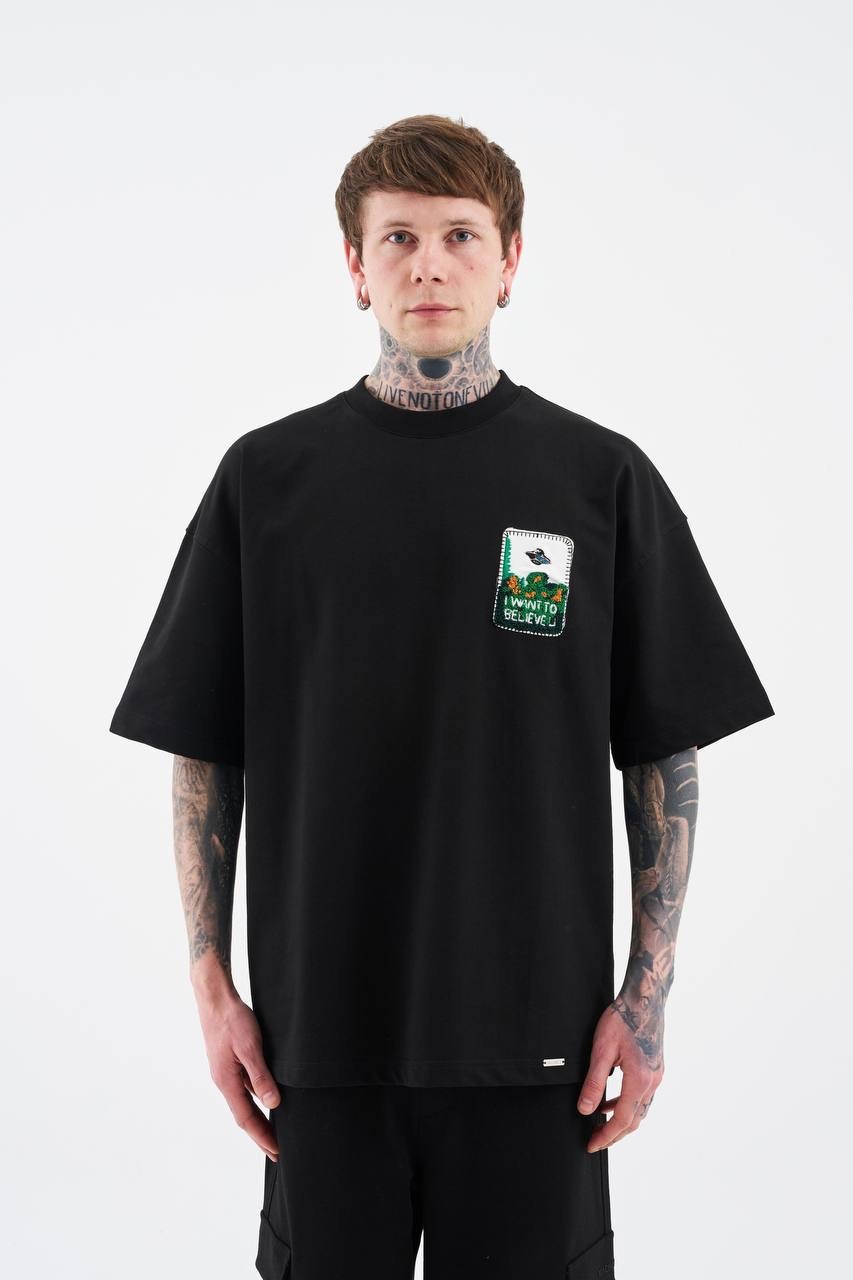 Alien Embroidery Oversize Minimal T-Shirt - Siyah