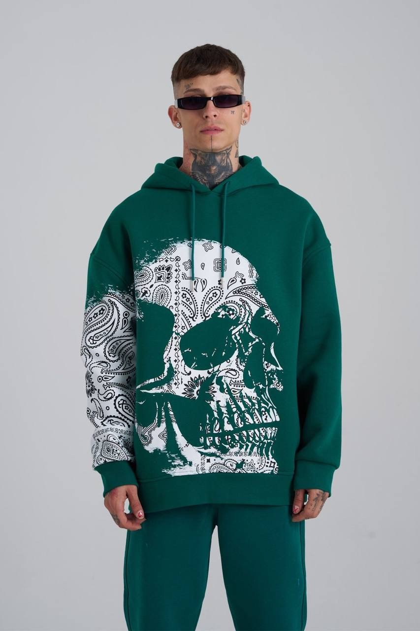 Born Again Skull Şardonlu Hoodie - Petrol Yeşili