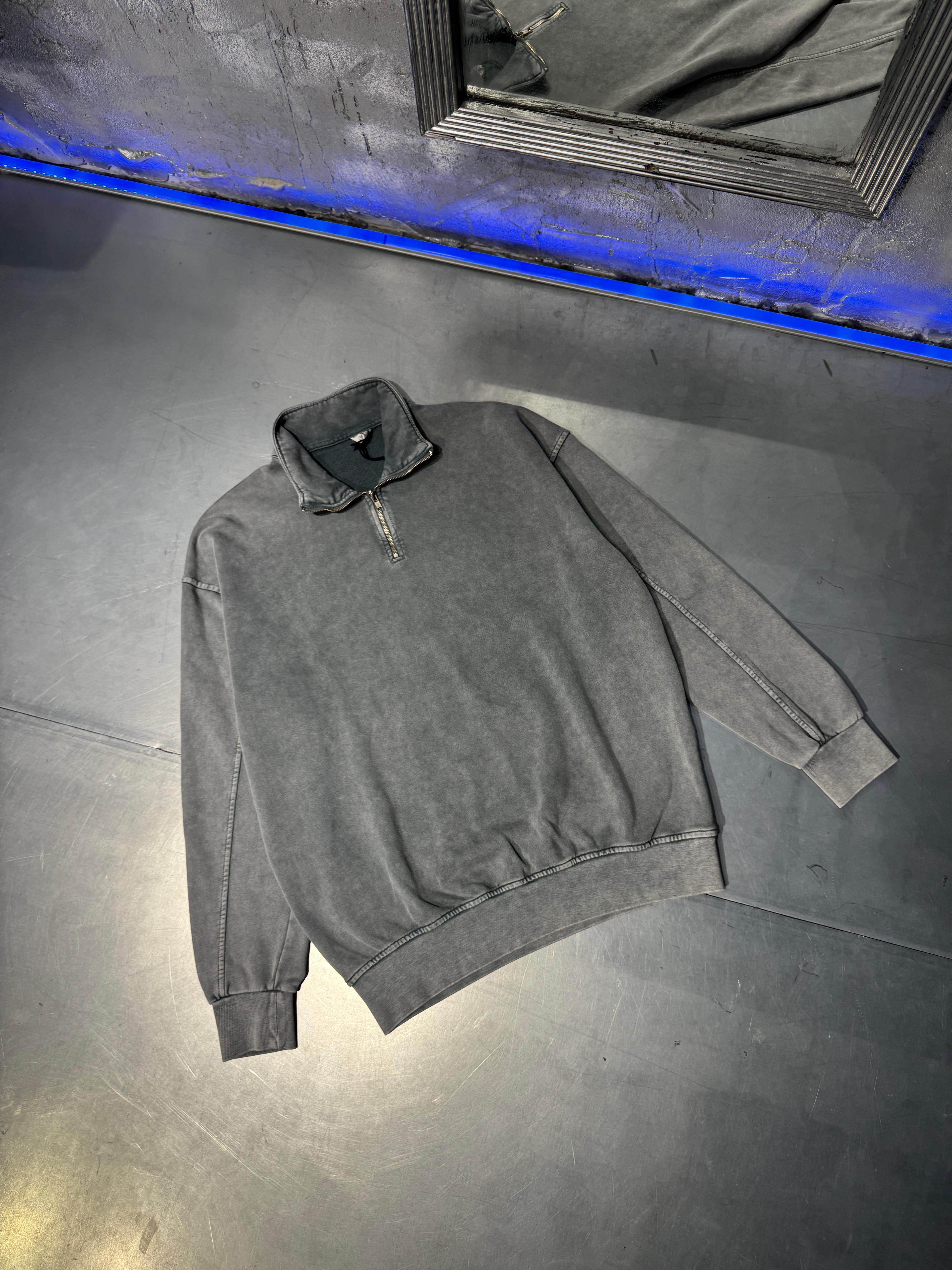 Acid Wash 3 İplik Yarım Fermuarlı Sweatshirt