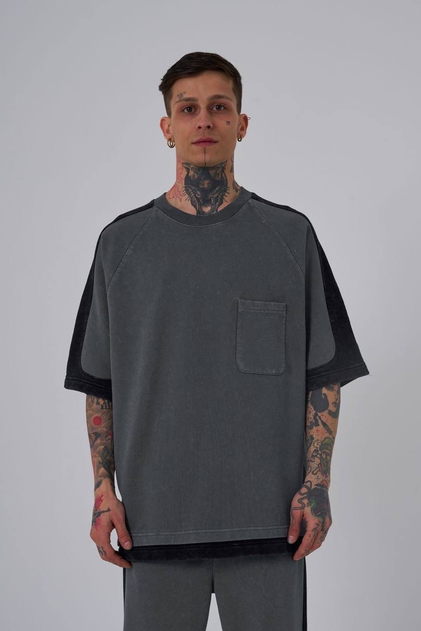 Contrast And Washing 3 İplik T-Shirt - ASPHALT