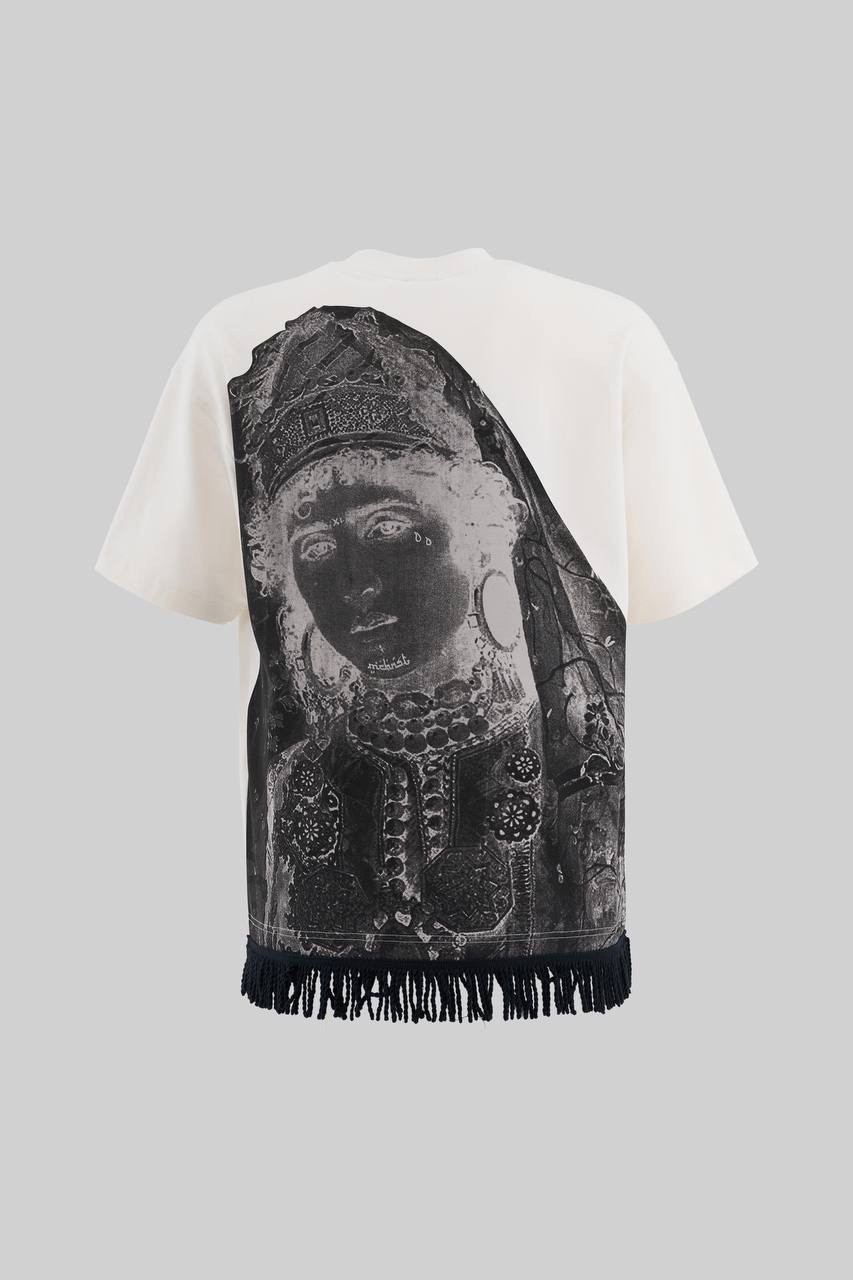 Traditional Woman Fringe Oversize T-Shirt - Ecru