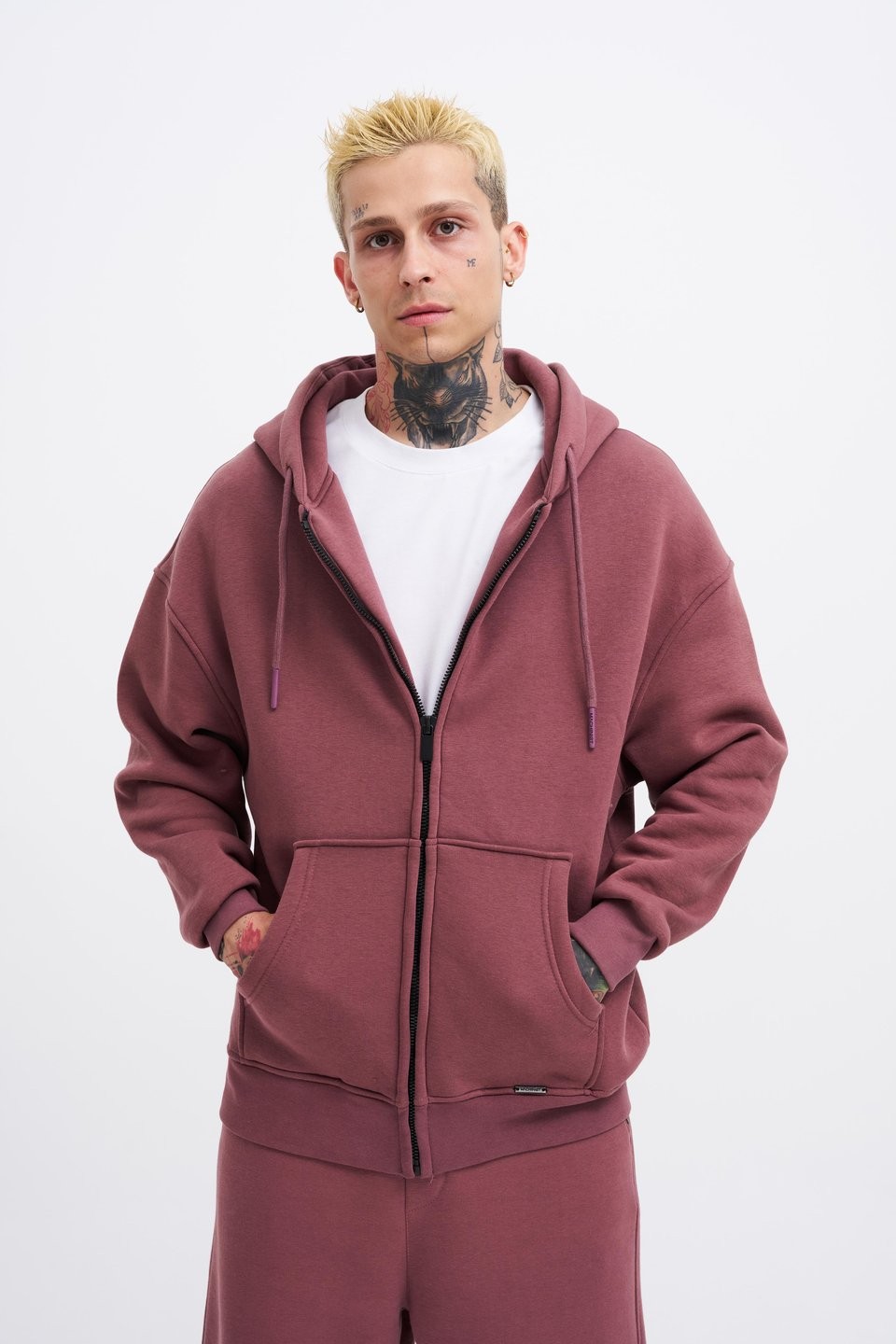 Oversize Şardonlu Zip Hoodie - Mürdüm