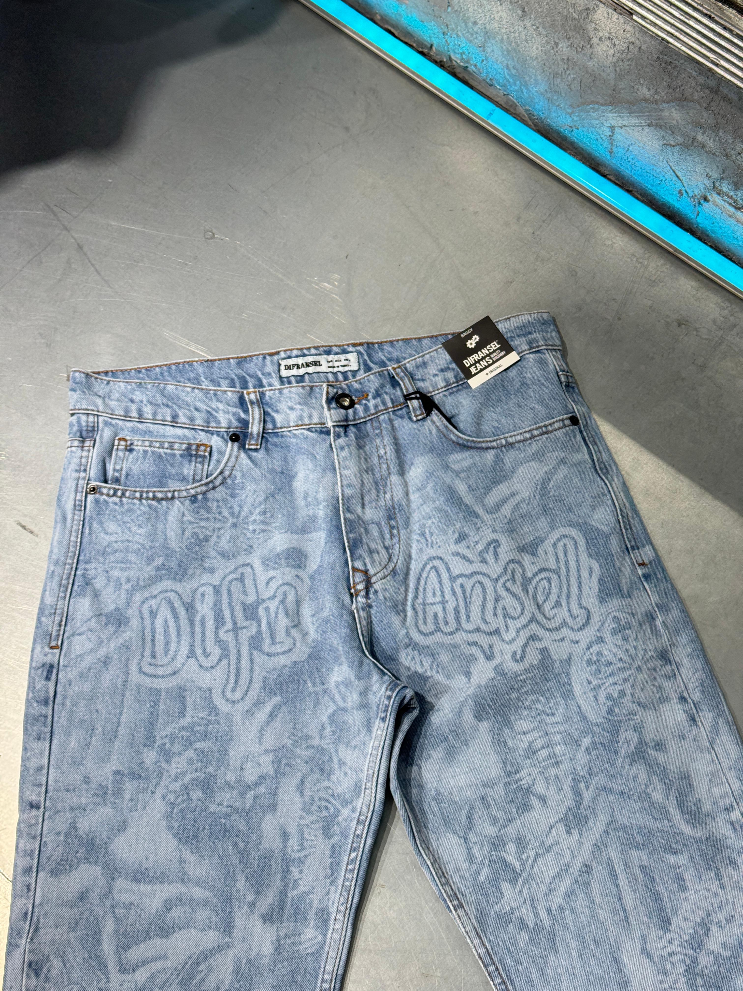 Retro Stil Baskılı Denim Pantolon