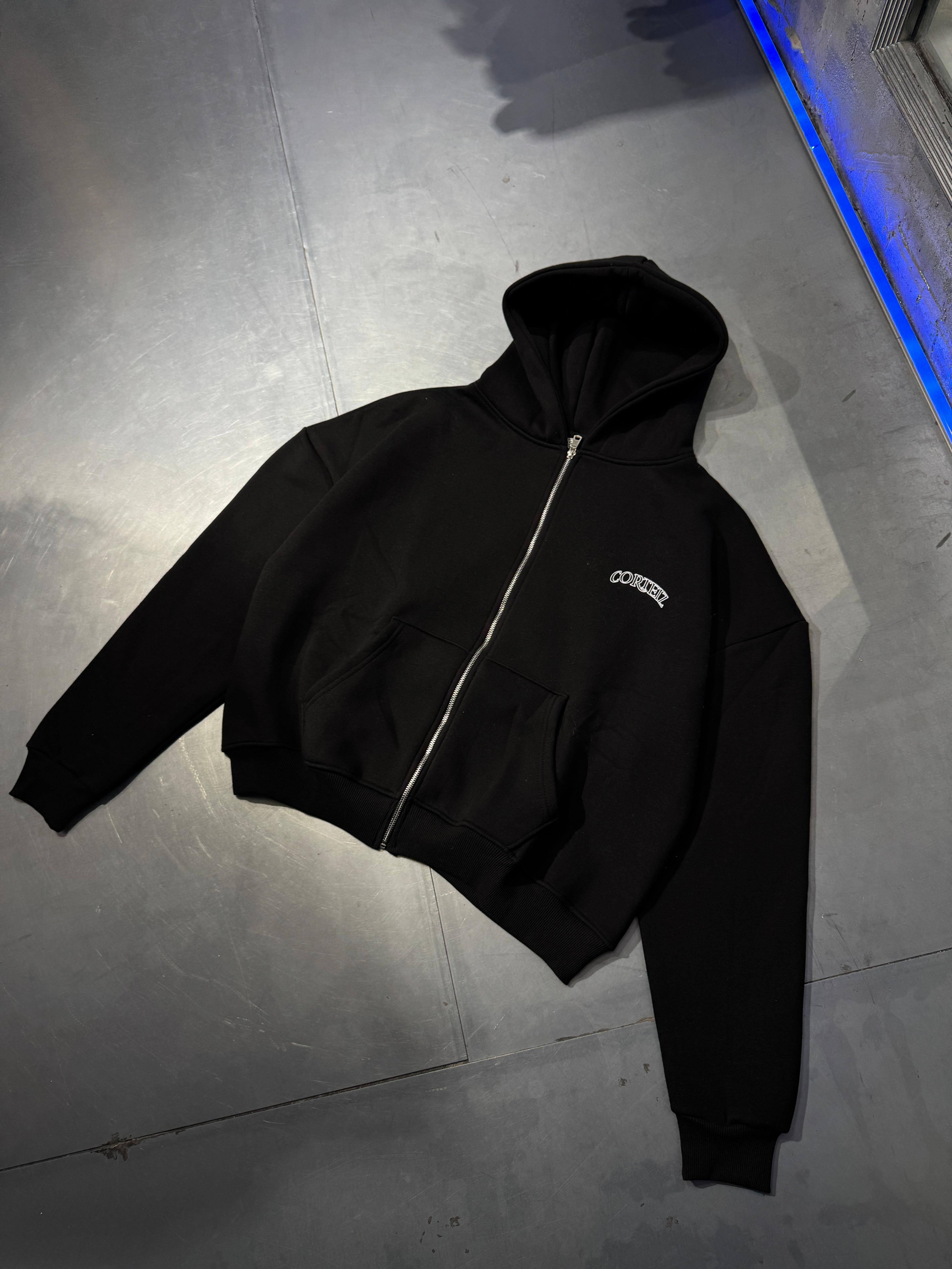 Oversize Corteiz Zip Hoodie Şardonlu - Siyah