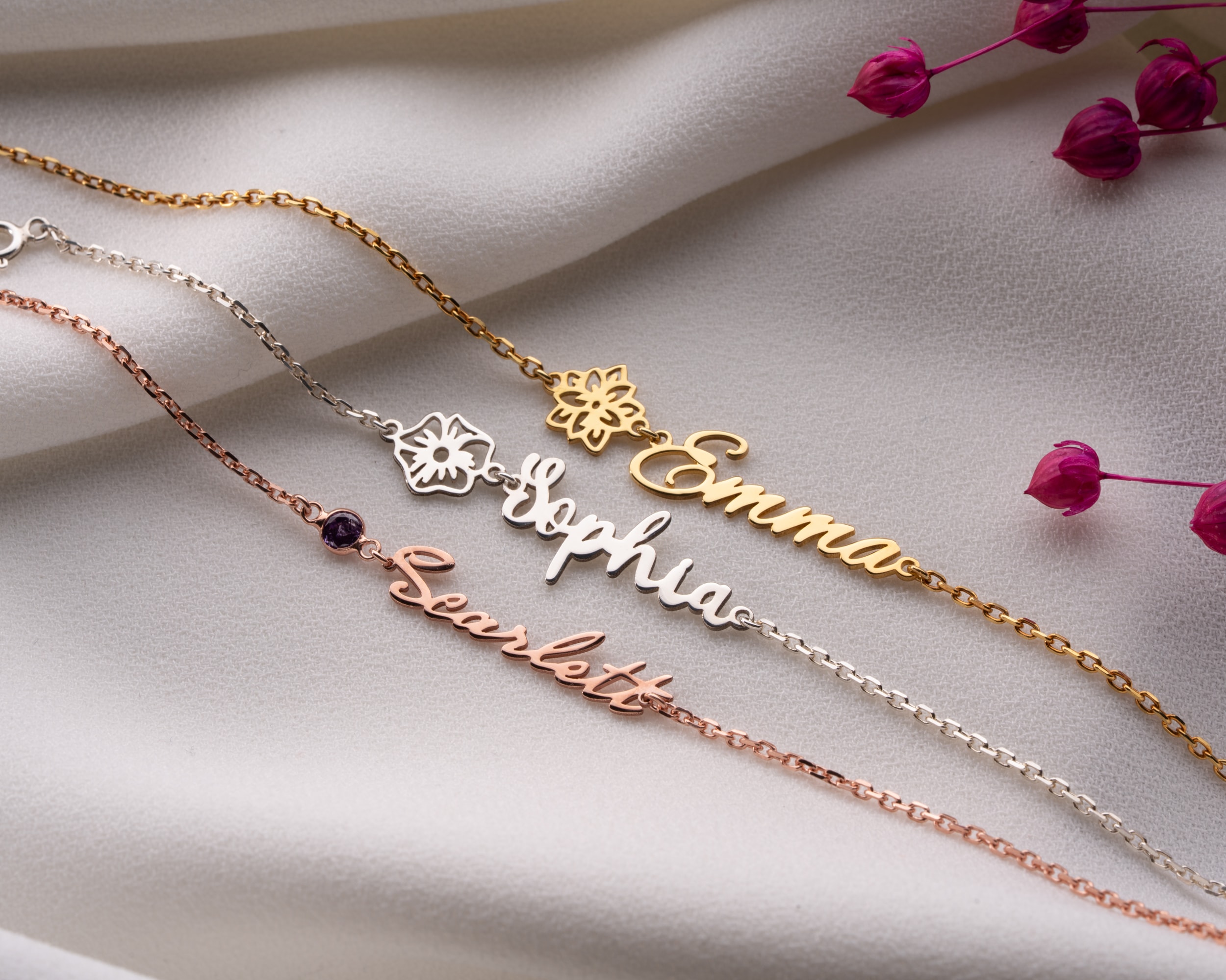 Doğum Çiçekli Doğum Taşlı İsim Bileklik – Kişiye Özel | Minimal ve Zarif