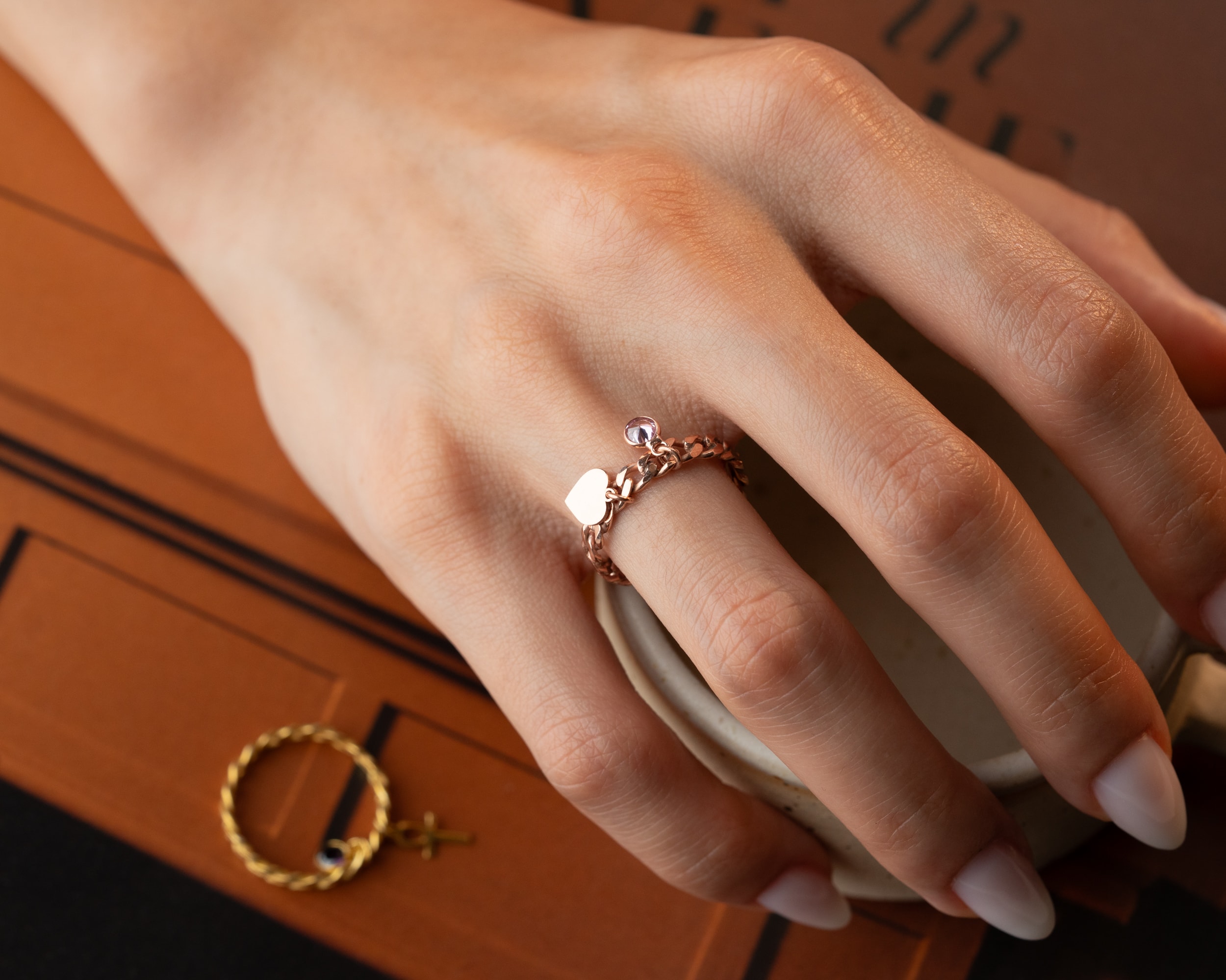 Doğum Taşlı Harfli Örgü Yüzük - Sembollü Charmlı 925 Ayar Gümüş Yüzük | AG Gold Silver Yüzük