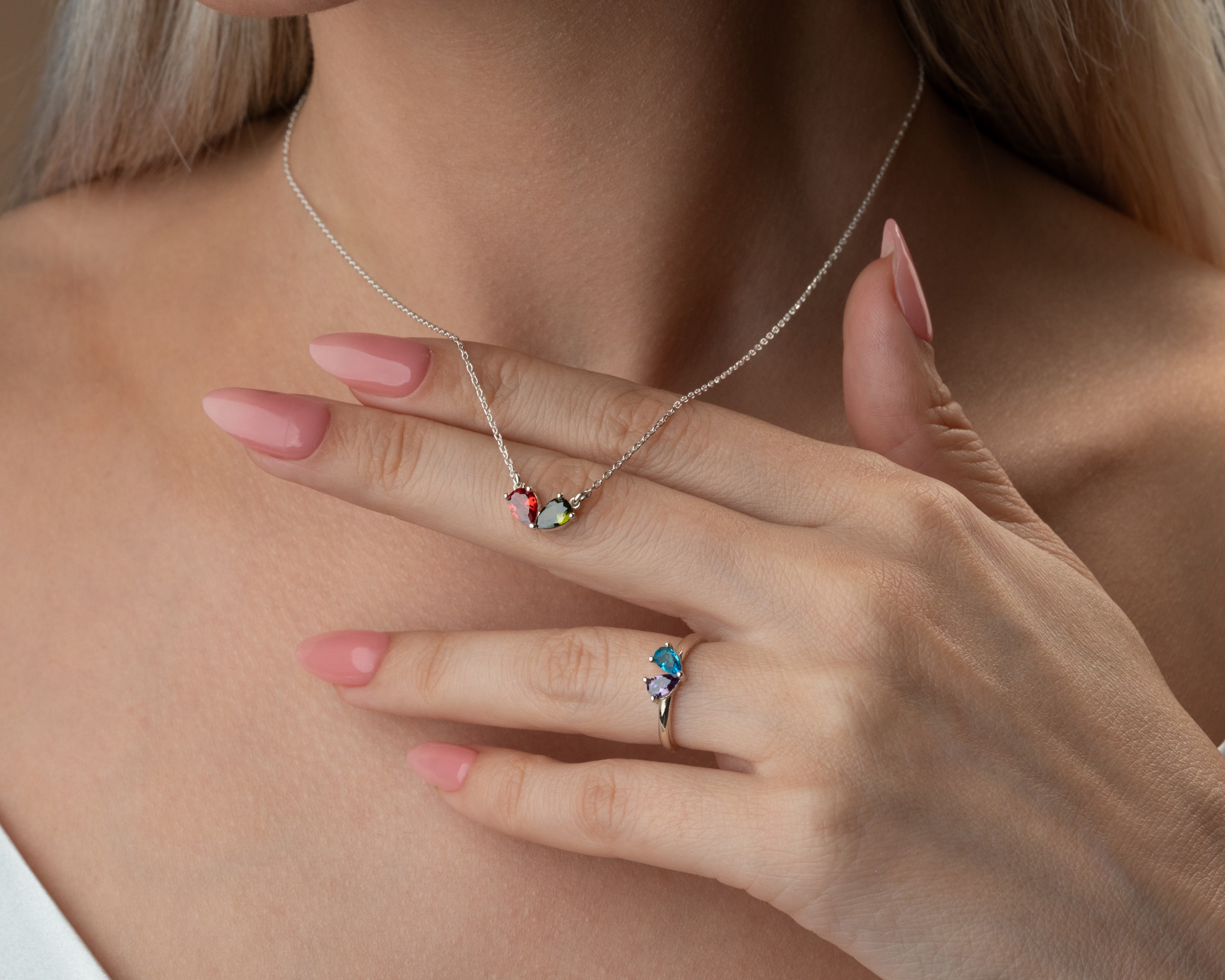 Kalp Şekilli Çift Doğum Taşlı Kolye – Yüzük Seti | Kişiye Özel Anlamlı Takı Seti