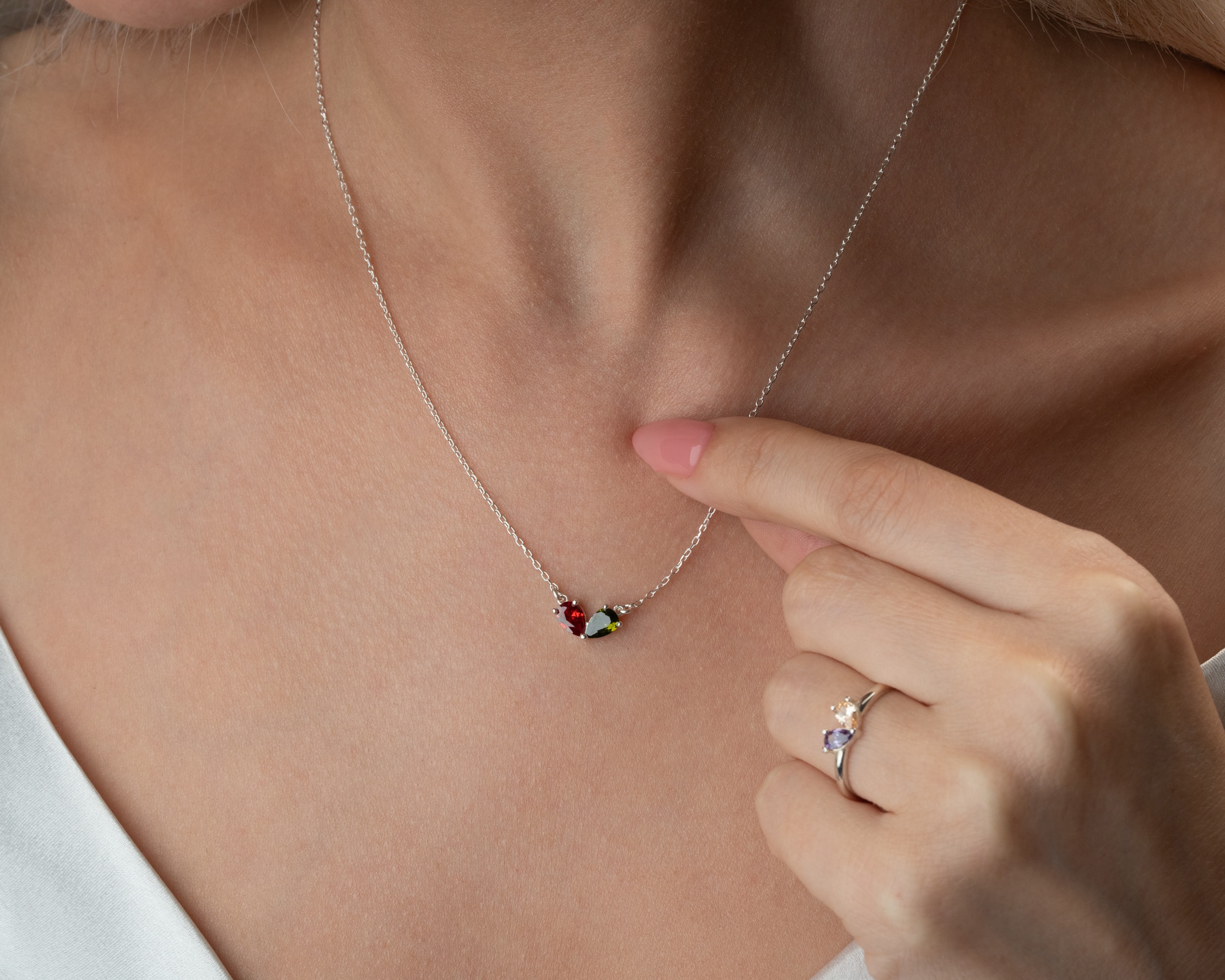 Kalp Şekilli Çift Doğum Taşlı Kolye – Yüzük Seti | Kişiye Özel Anlamlı Takı Seti