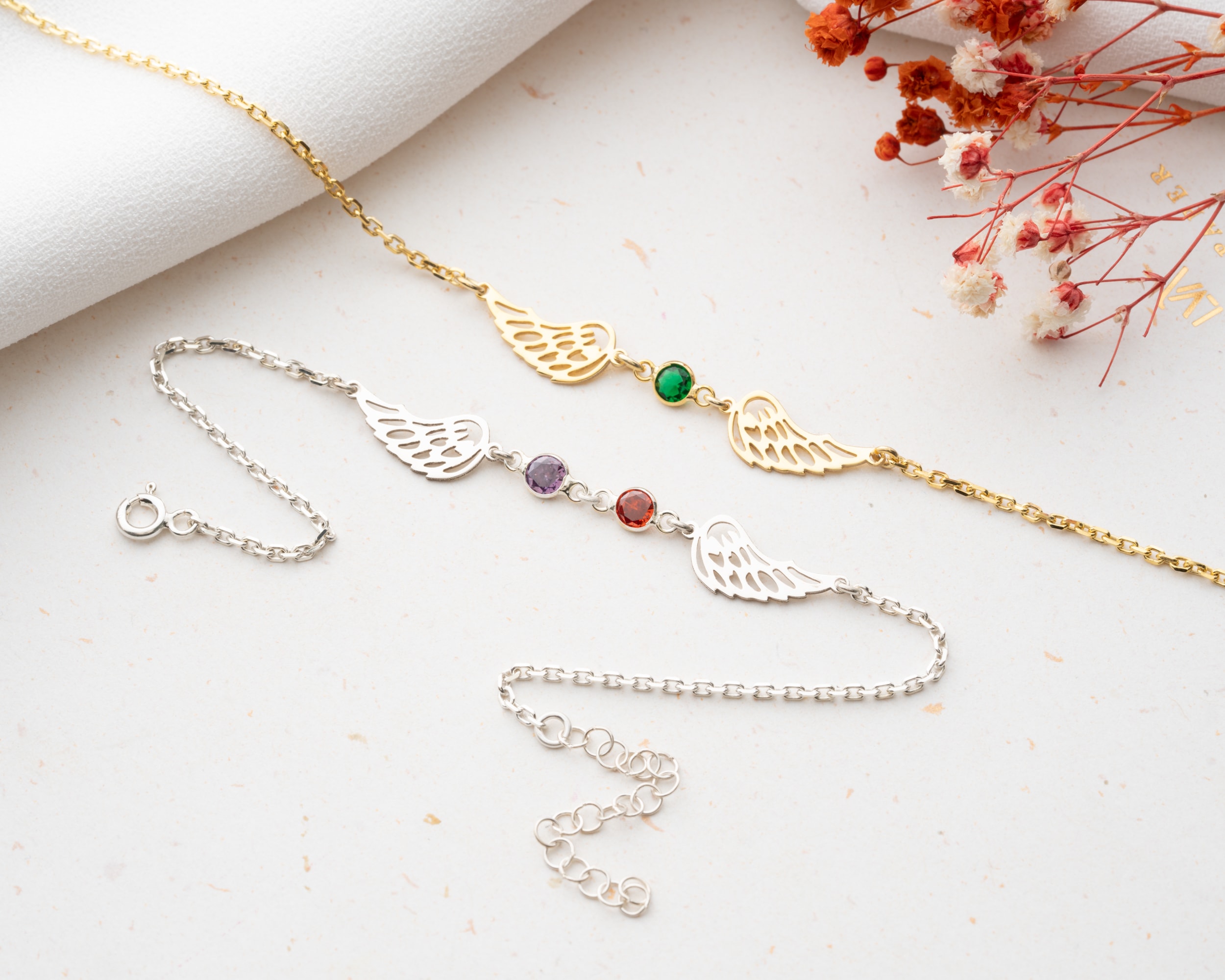 Doğum Taşlı Melek Kanatları Bileklik - Her Doğum Taşı Bir Enerji, Her Kanat Bir Koruyucu