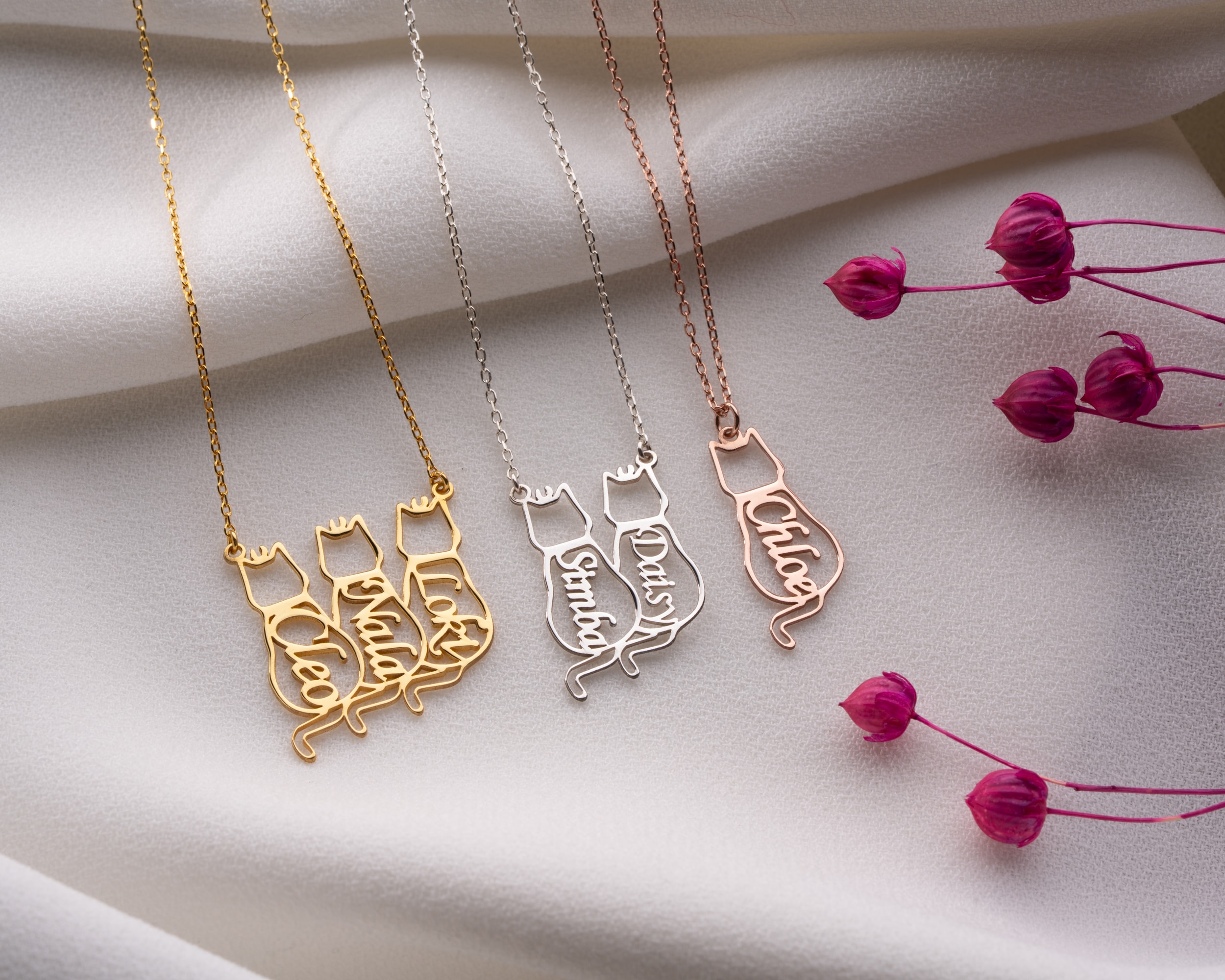 İsimli Kedi Kolye – Kişiye Özel Kedi Sever Kolyesi | Gold, Rose, Gümüş