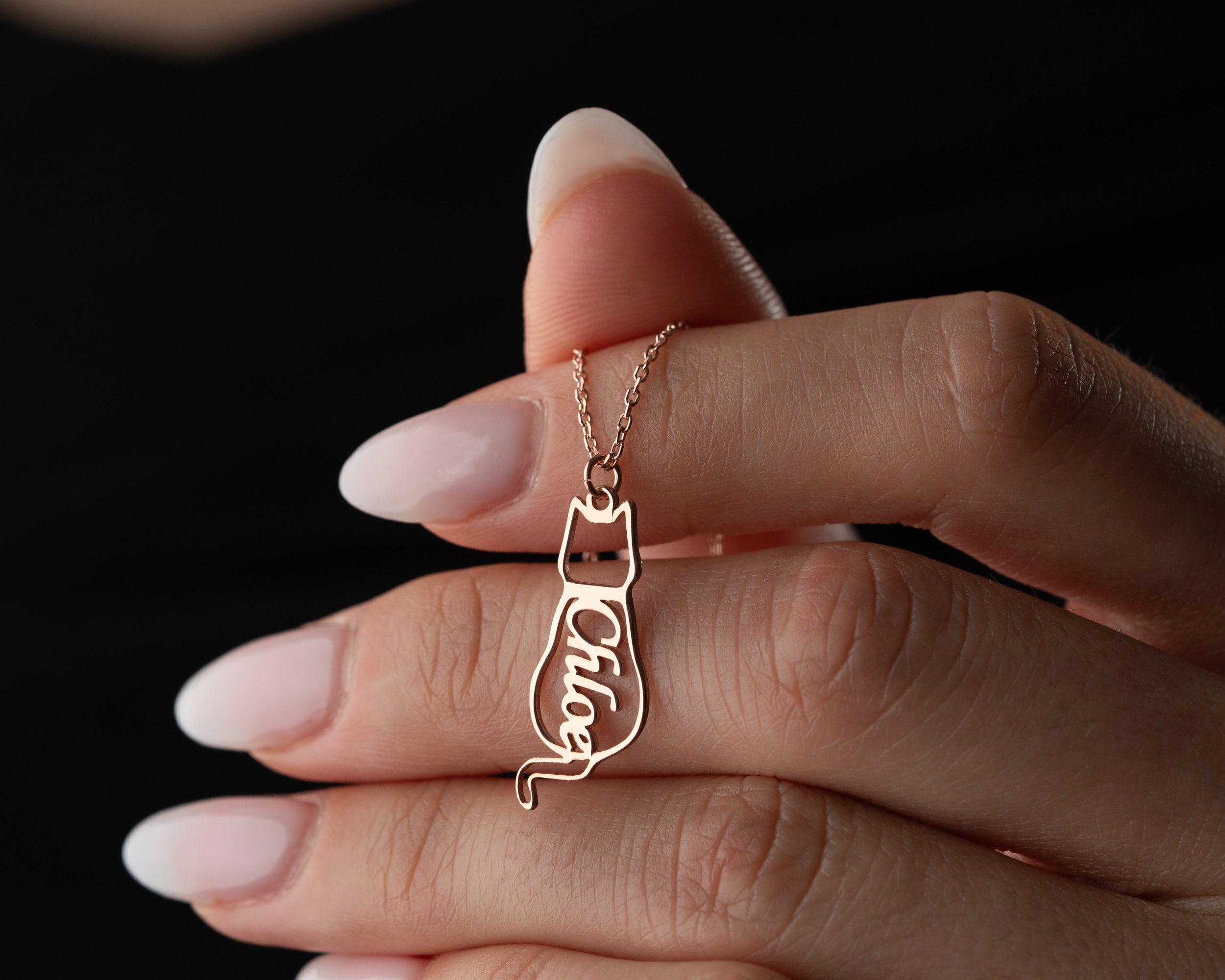 İsimli Kedi Kolye – Kişiye Özel Kedi Sever Kolyesi | Gold, Rose, Gümüş