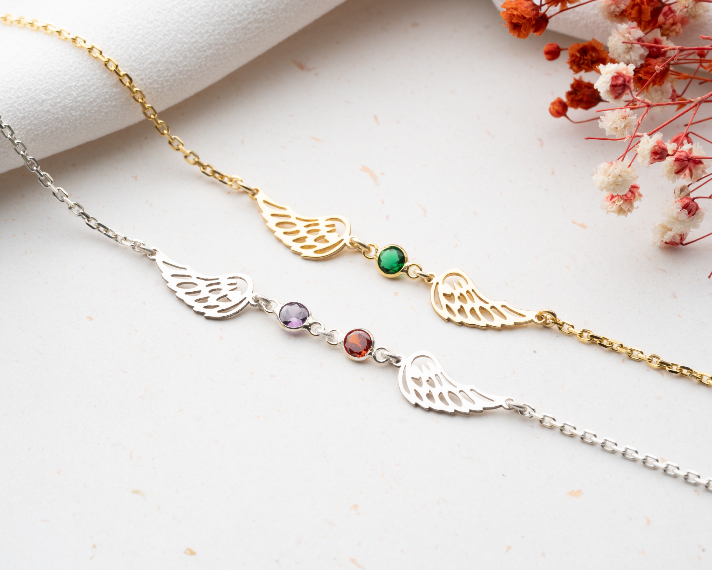 Doğum Taşlı Melek Kanatları Bileklik - Her Doğum Taşı Bir Enerji, Her Kanat Bir Koruyucu