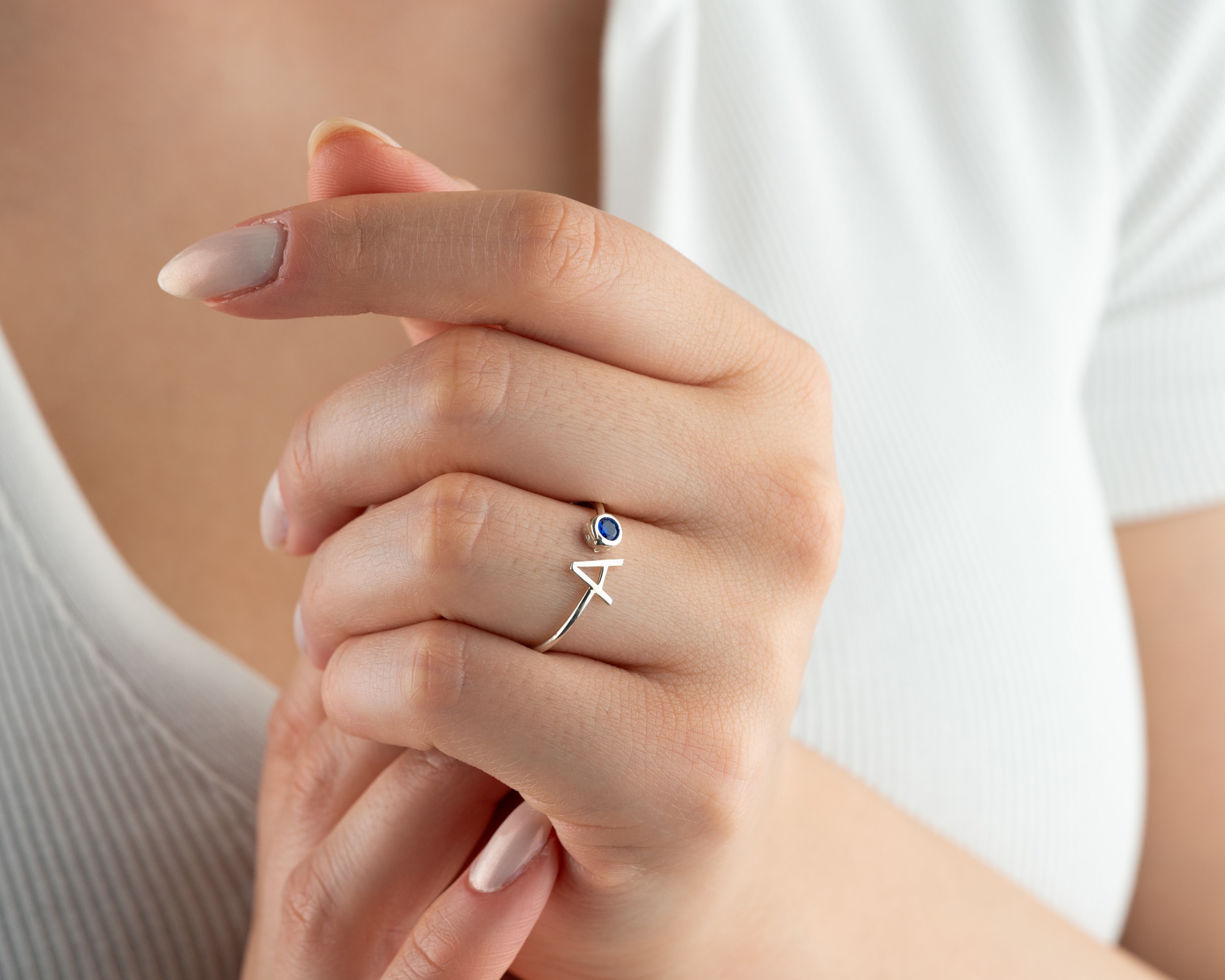 Kişiye Özel Harfli Doğum Taşı Yüzük | Ayarlanabilir Gümüş Yüzük