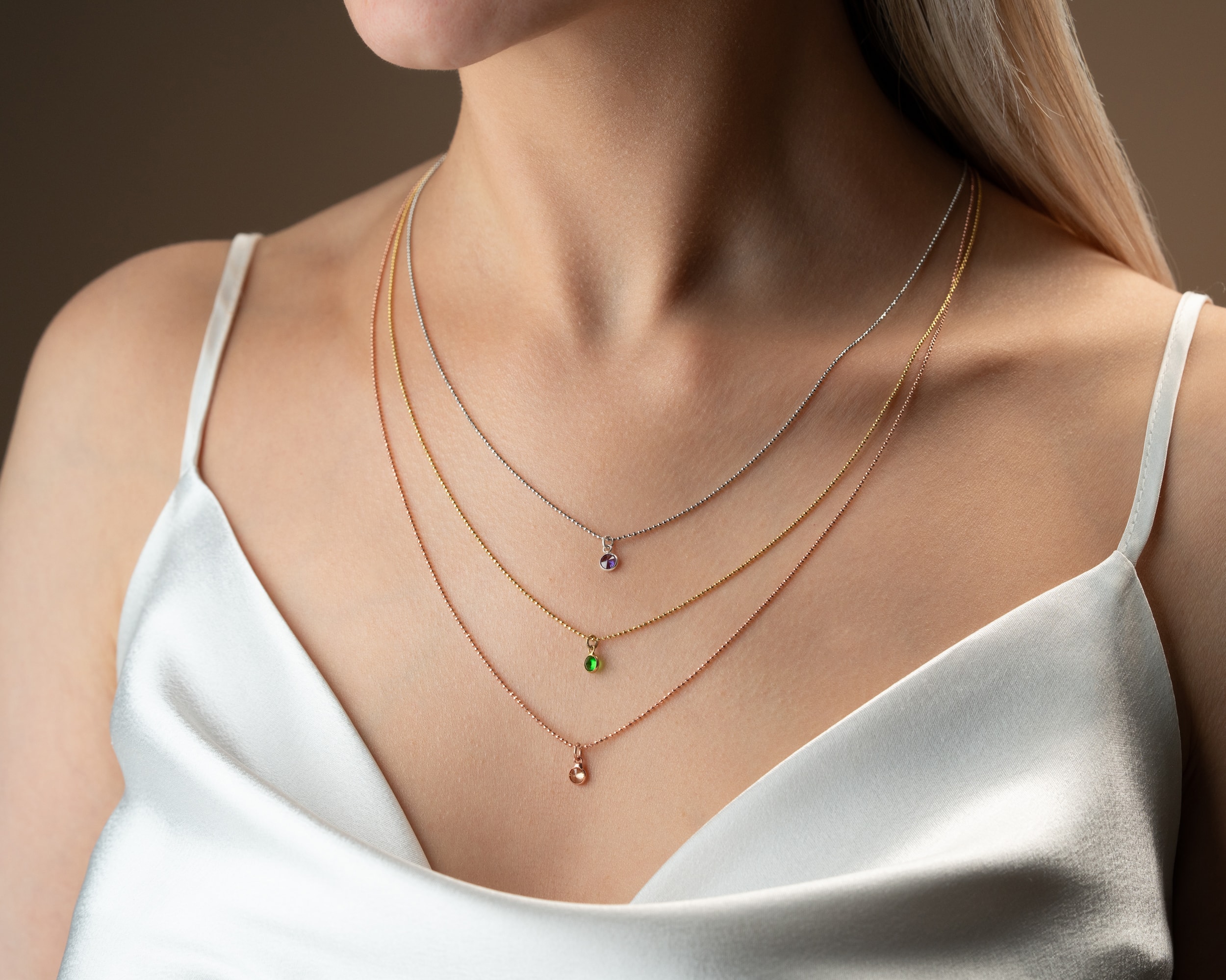 Doğum Taşlı 3 Katmanlı Kolye – Rose, Silver ve Gold Renkli 925 Ayar Gümüş