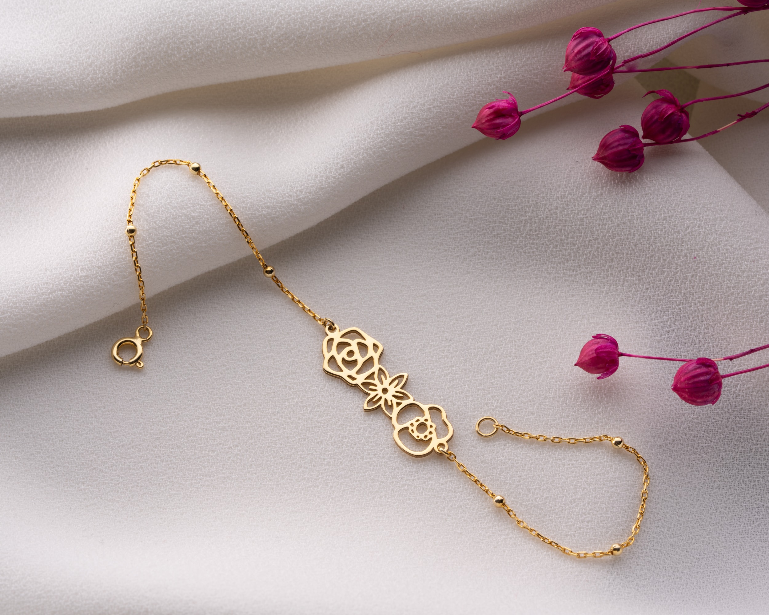 Doğum Çiçekli Bileklik – Top Zincir veya Forse Zincir Seçeneği