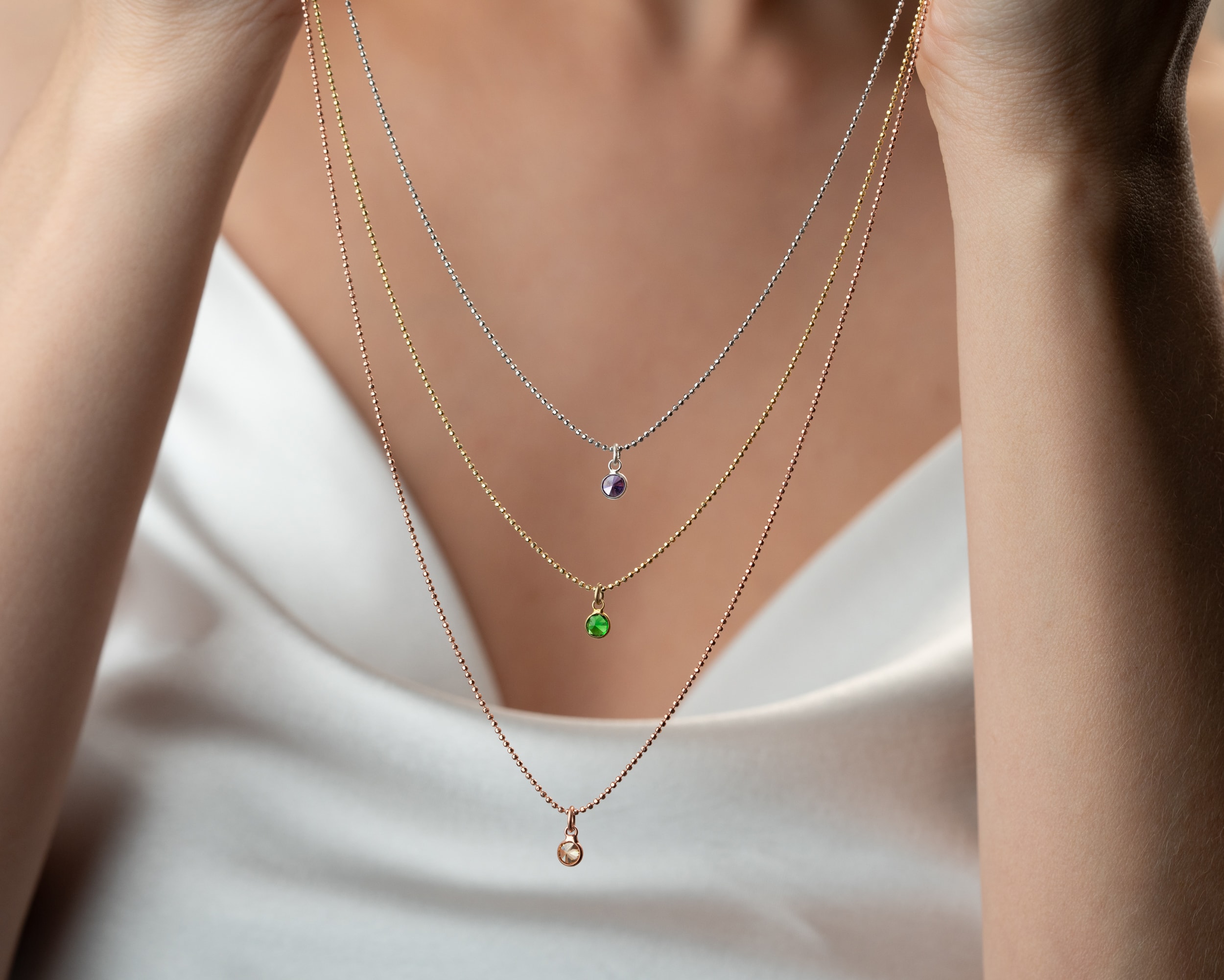 Doğum Taşlı 3 Katmanlı Kolye – Rose, Silver ve Gold Renkli 925 Ayar Gümüş