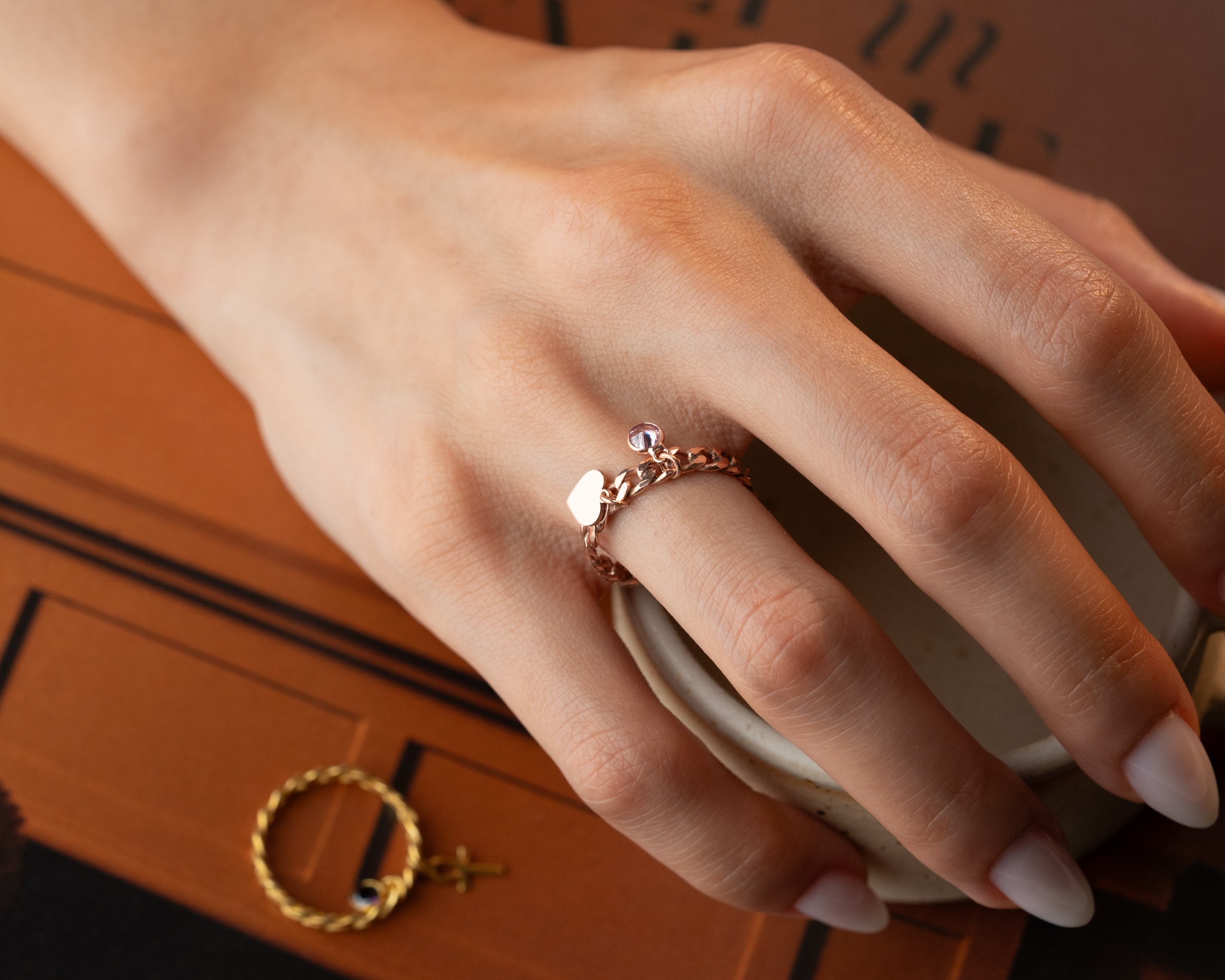 Doğum Taşlı Harfli Örgü Yüzük - Sembollü Charmlı 925 Ayar Gümüş Yüzük | AG Gold Silver Yüzük