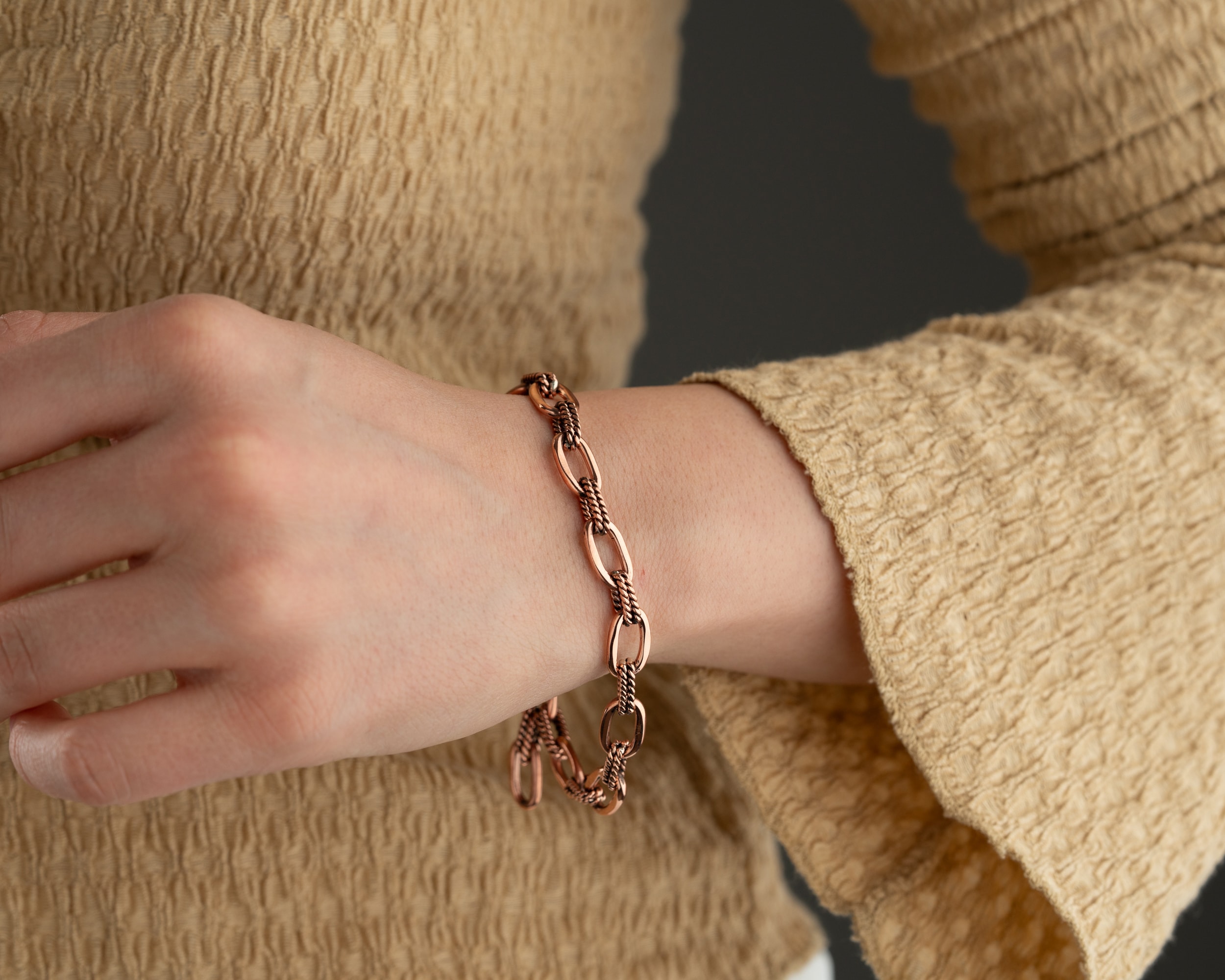 El İşçiliği Bakır Zincir Bileklik - Özel Tasarım Takı - %100 Saf Bakır Bileklik