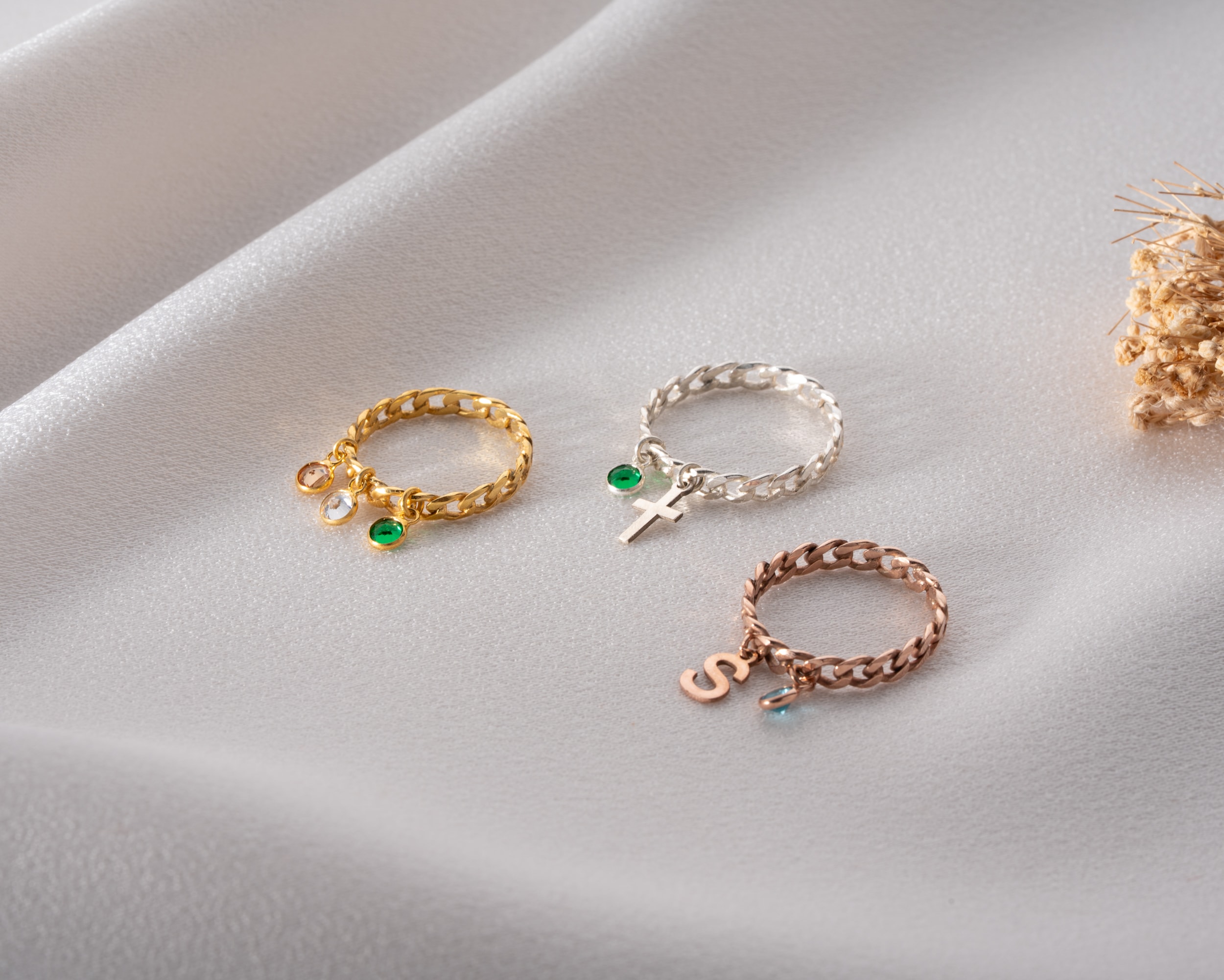 Doğum Taşlı Harfli Örgü Yüzük - Sembollü Charmlı 925 Ayar Gümüş Yüzük | AG Gold Silver Yüzük