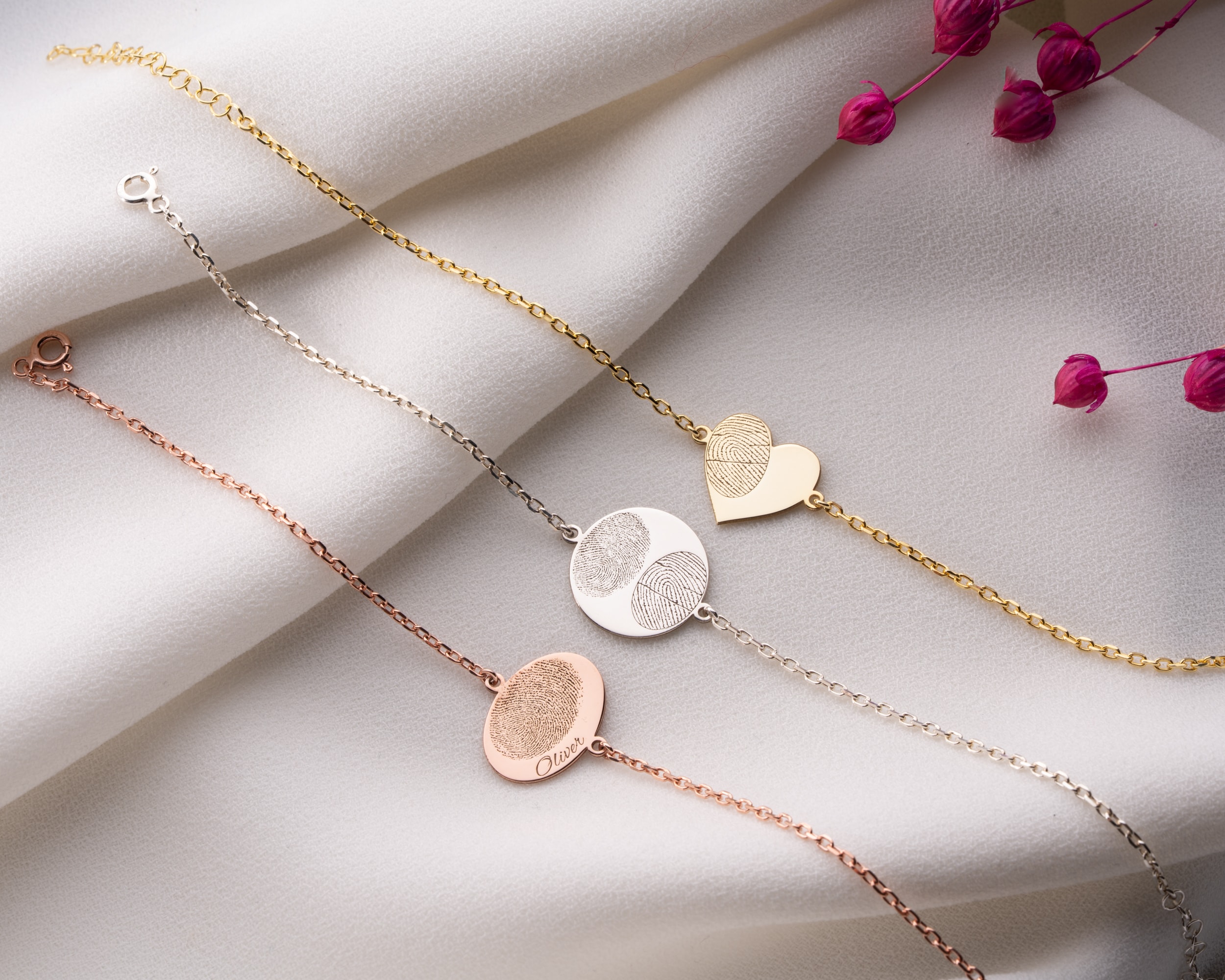 Kişiye Özel Disk, Oval veya Kalp Şekilli Çift Parmak İzi Bileklik – Anlamlı Hatıra Tasarımı